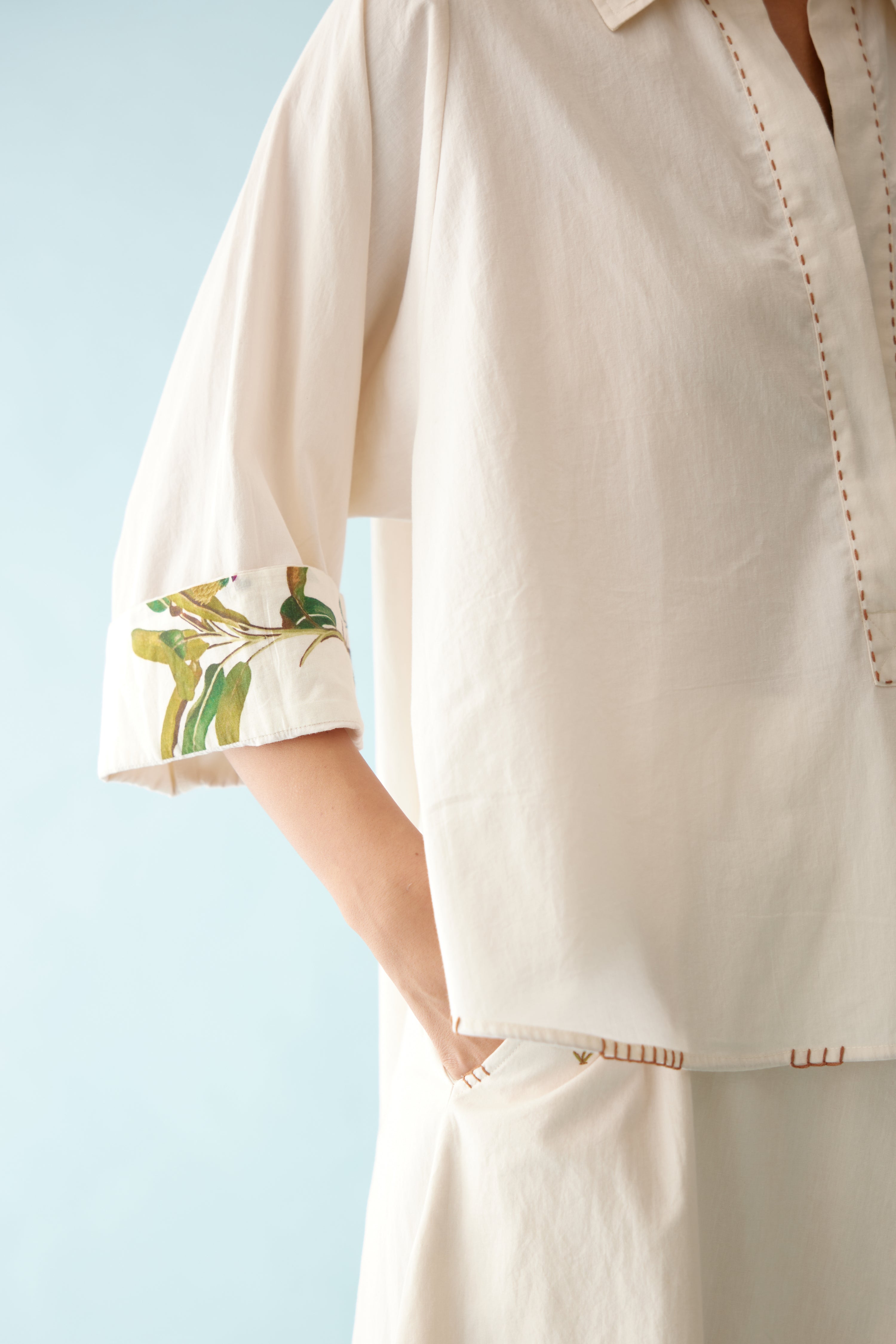 Cream banana tree applique top
