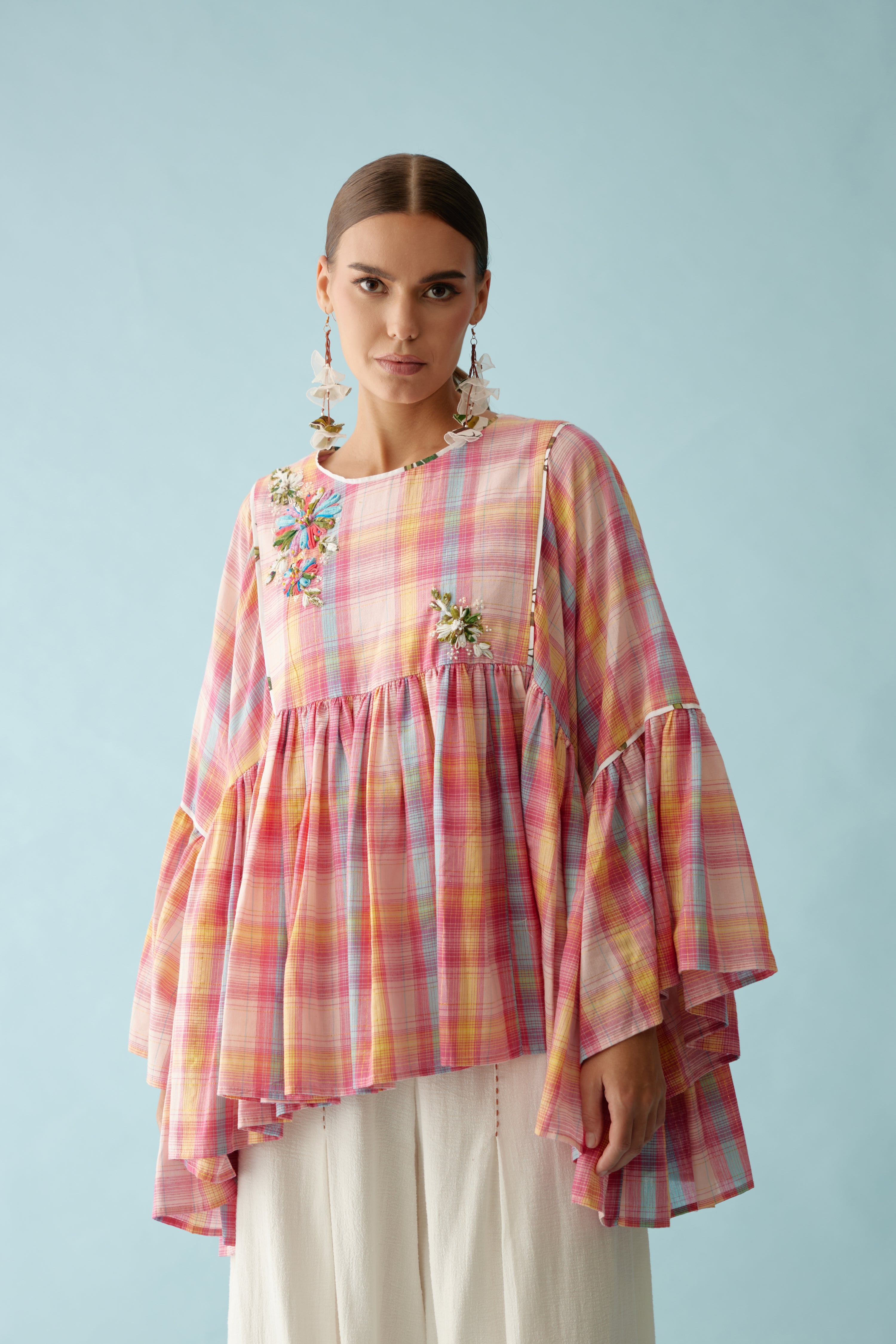 Pink madras checks frill top