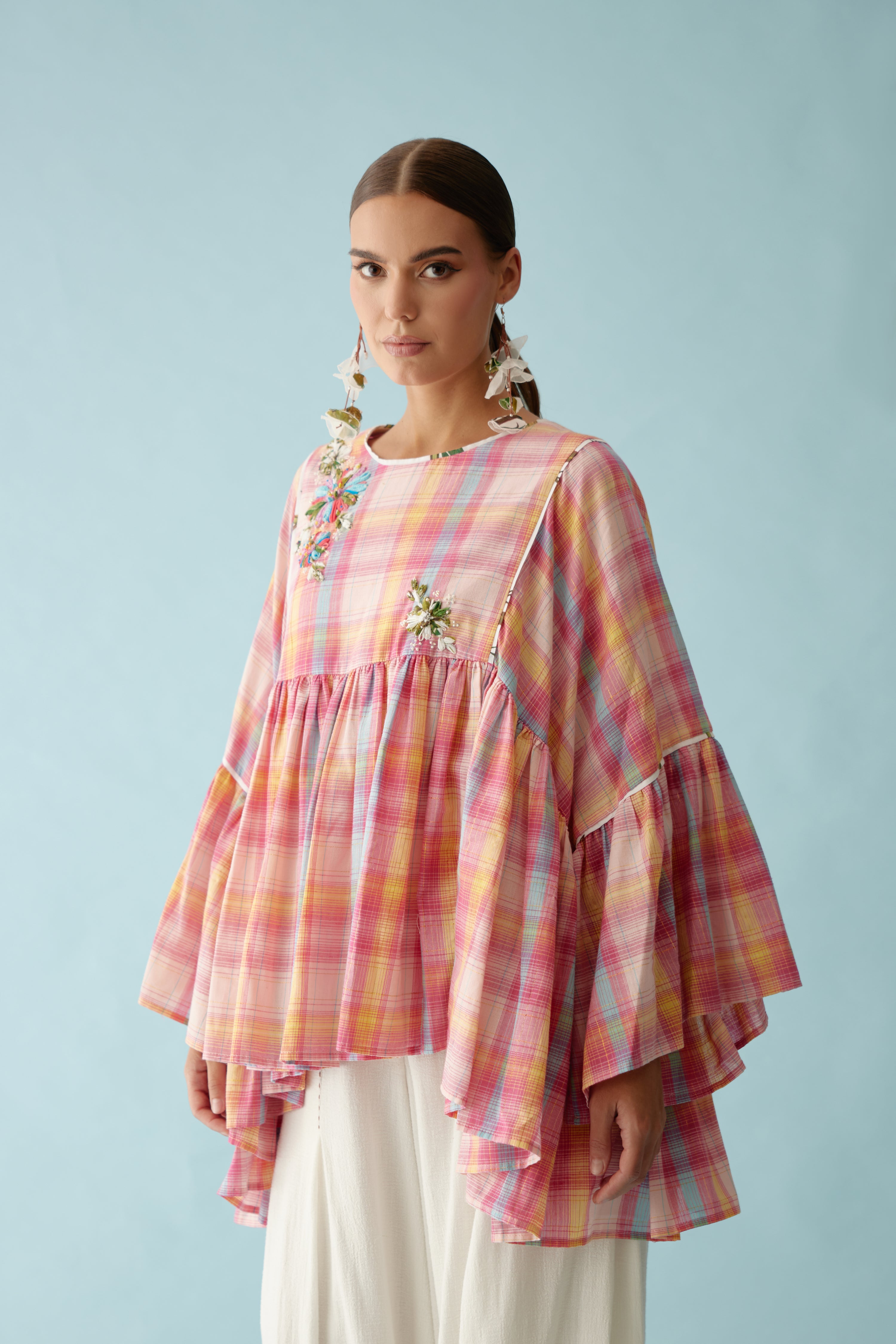 Pink madras checks frill top