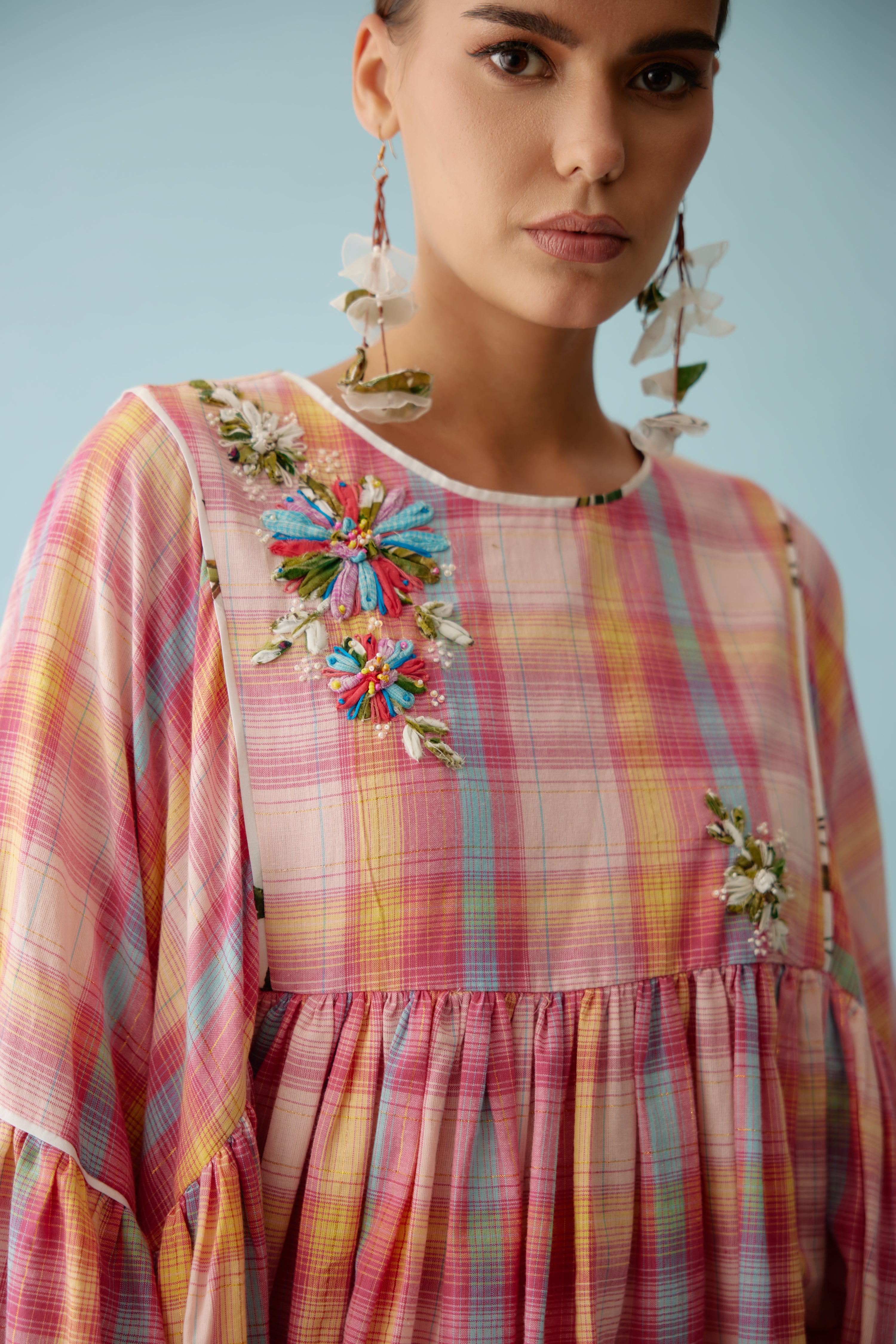Pink madras checks frill top