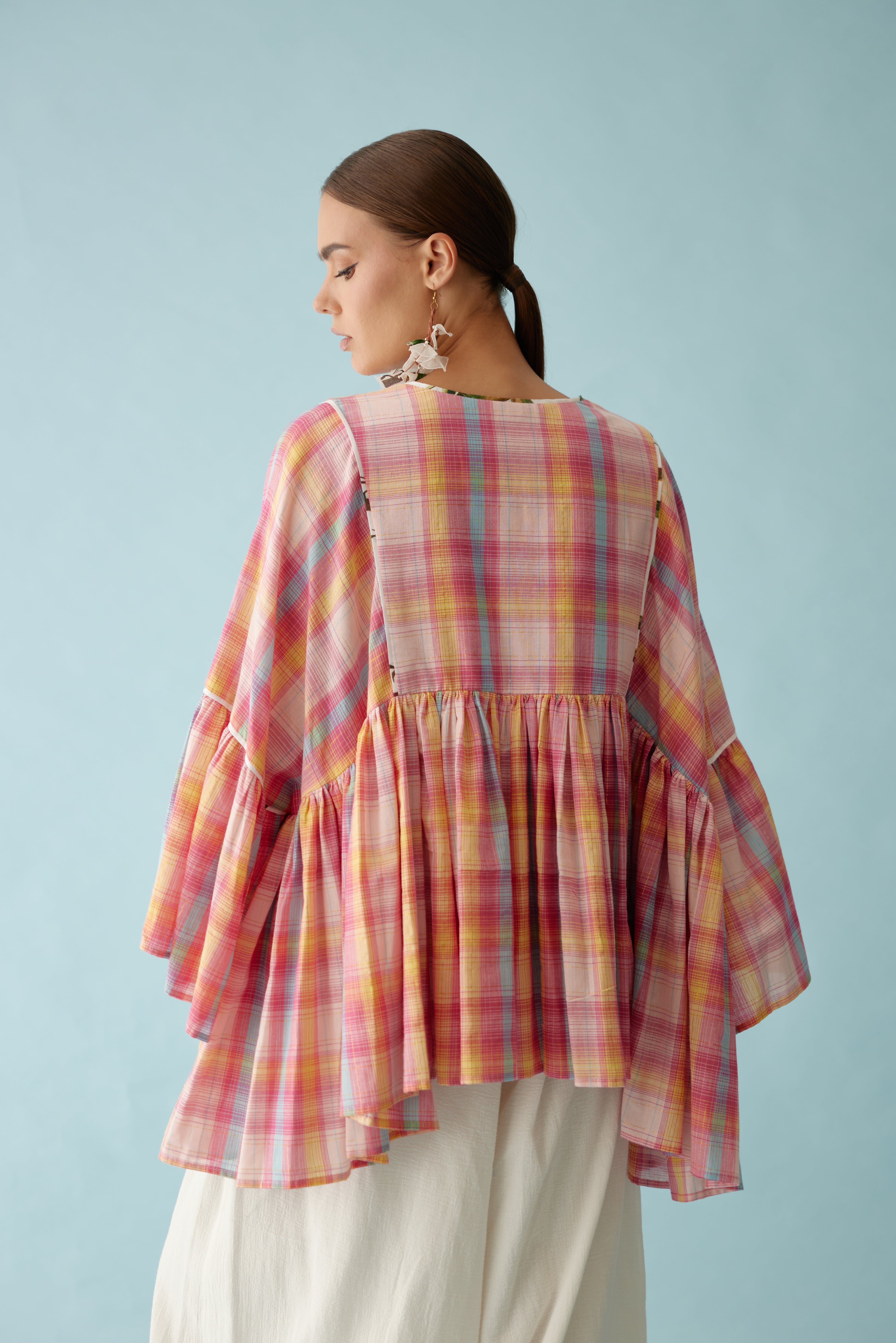 Pink madras checks frill top