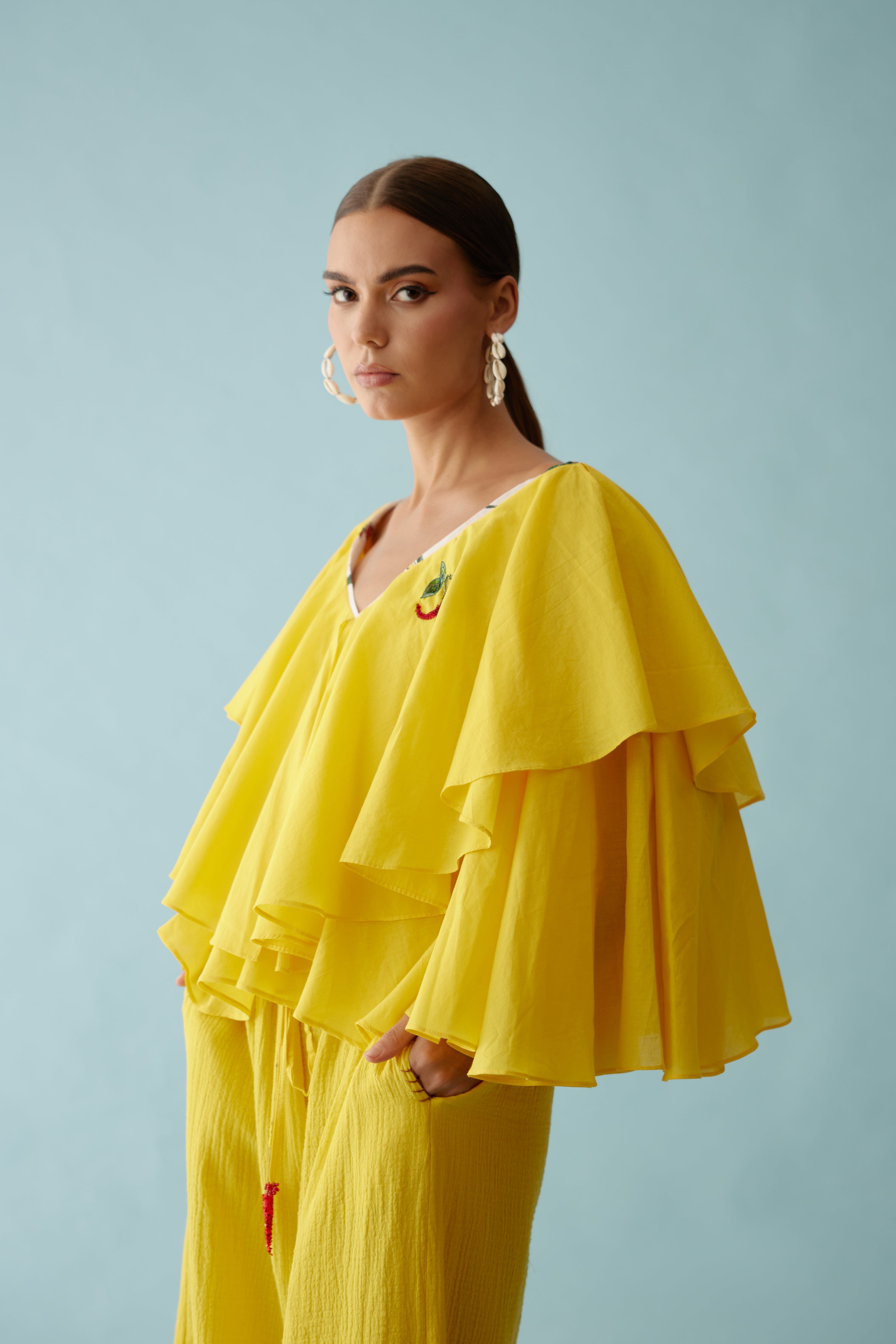 Yellow hand embroidered chilli applique frill top