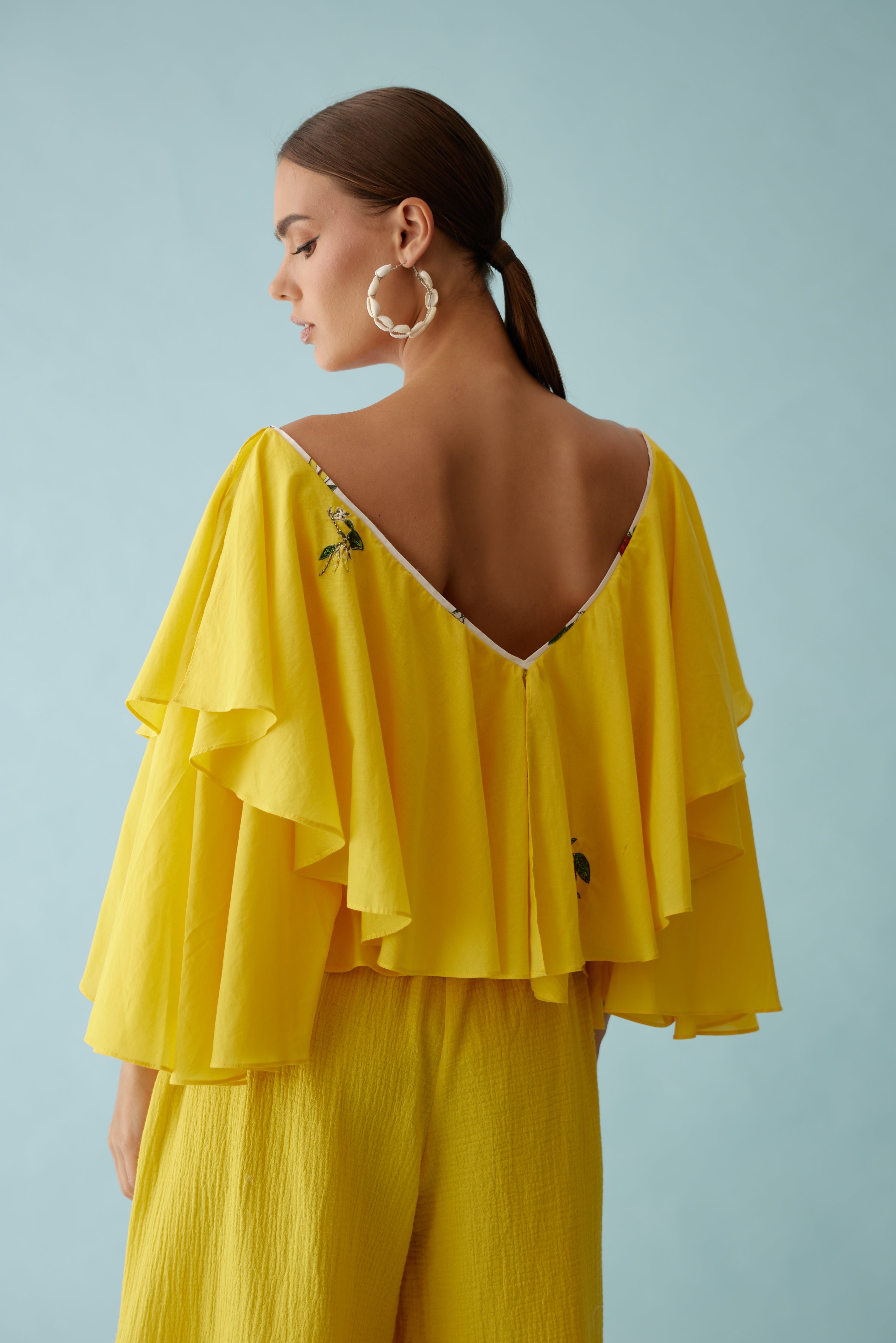 Yellow hand embroidered chilli applique frill top