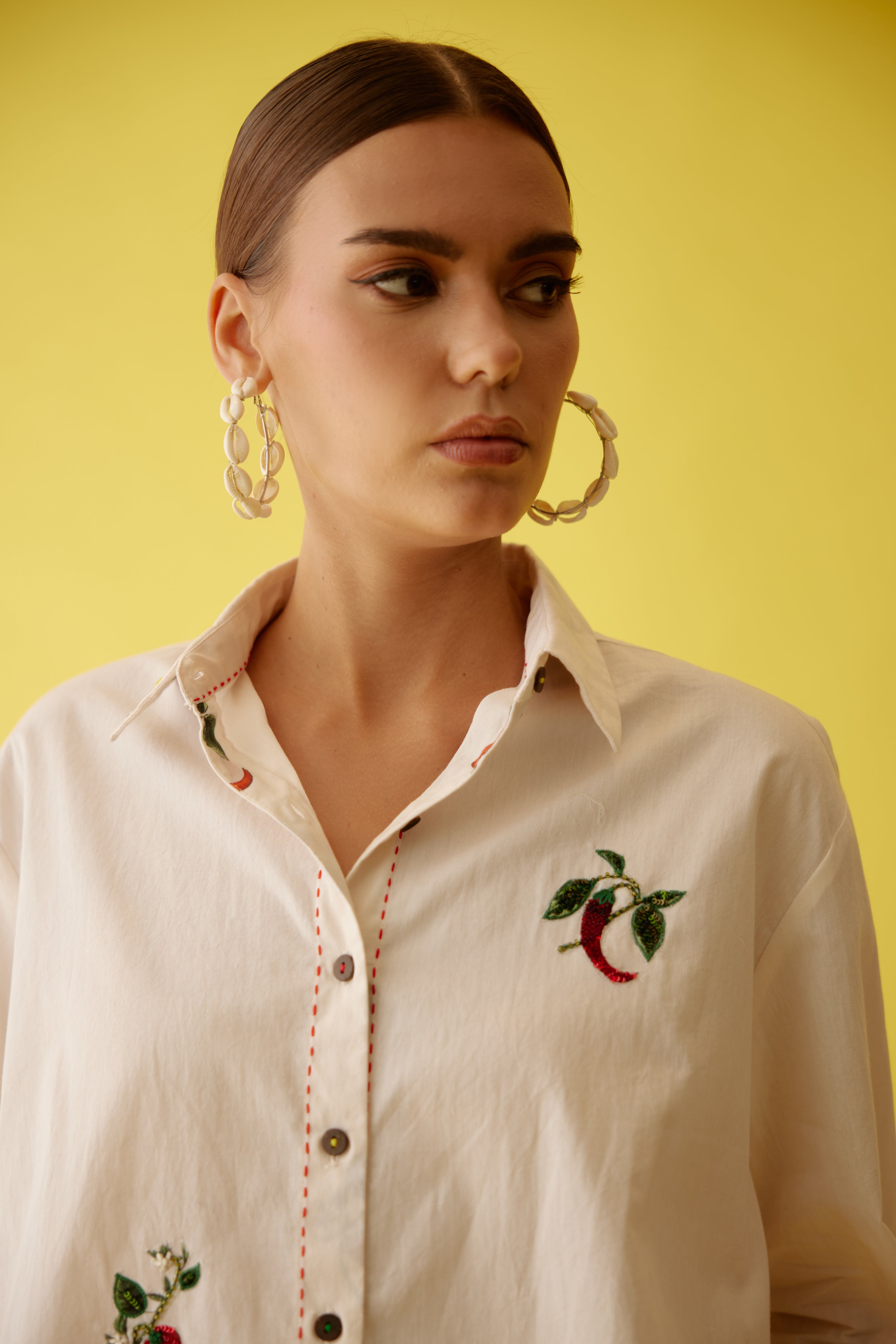Cream hand embroidered chilli applique shirt