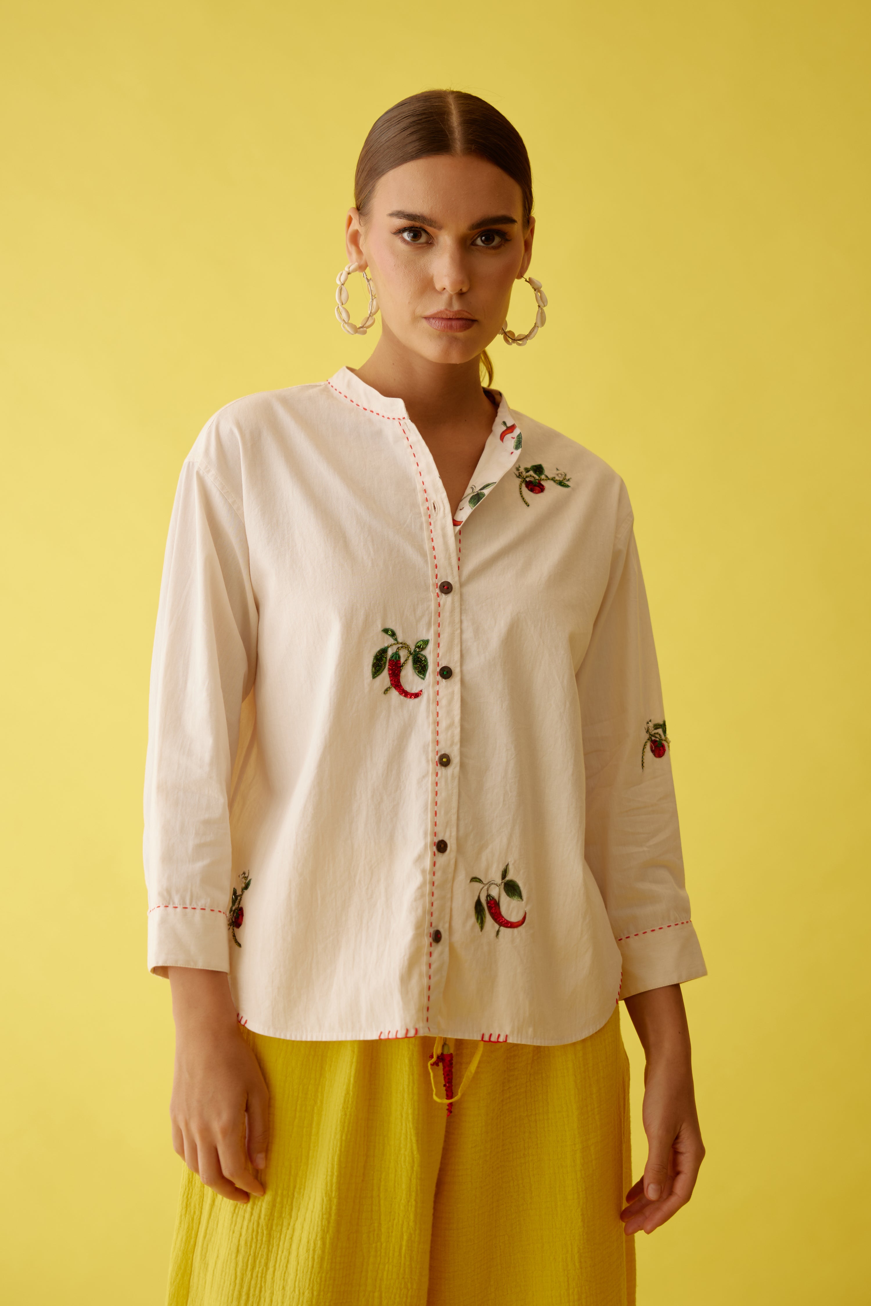 Cream hand embroidered chilli applique top