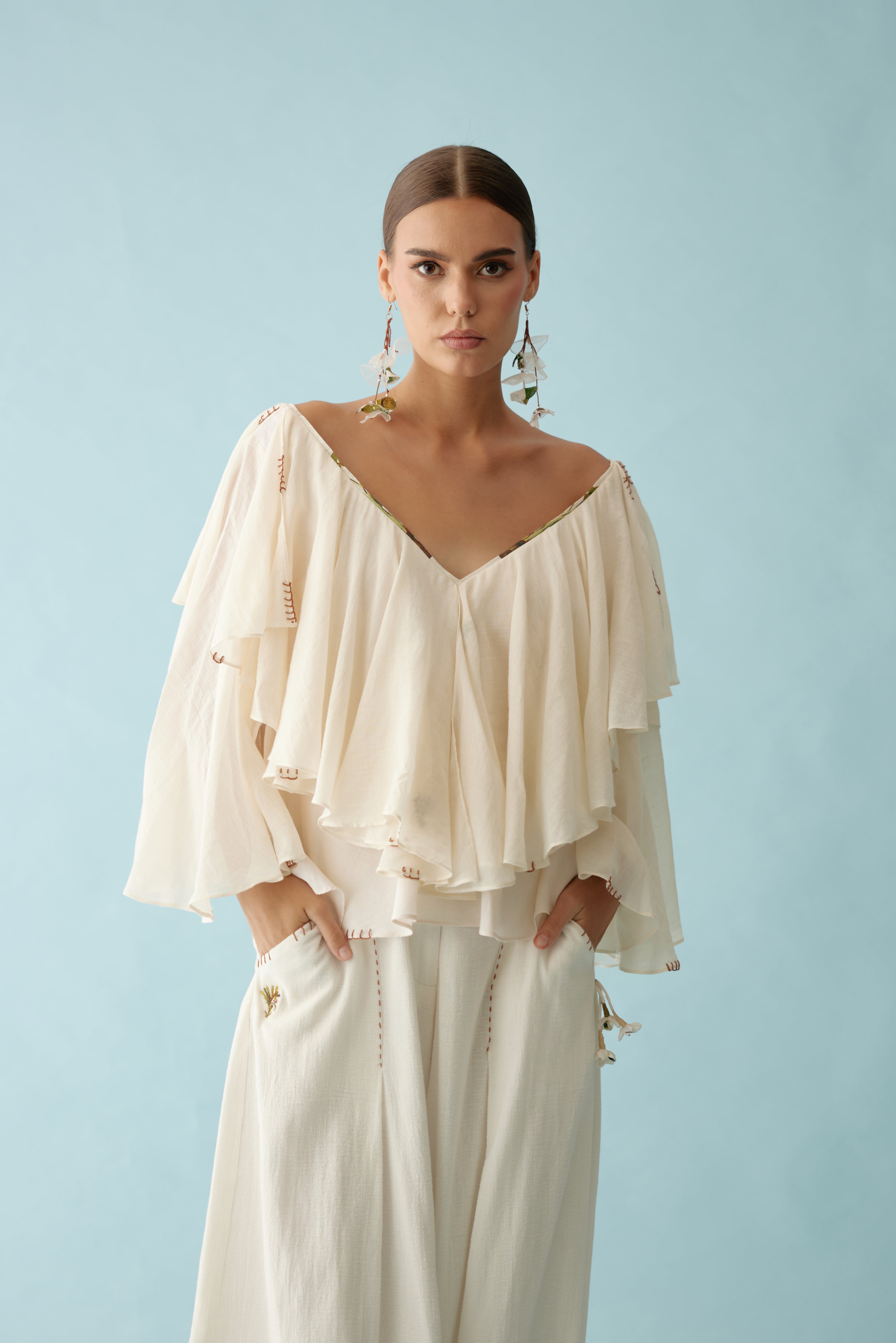 Cream banana tree applique frill top