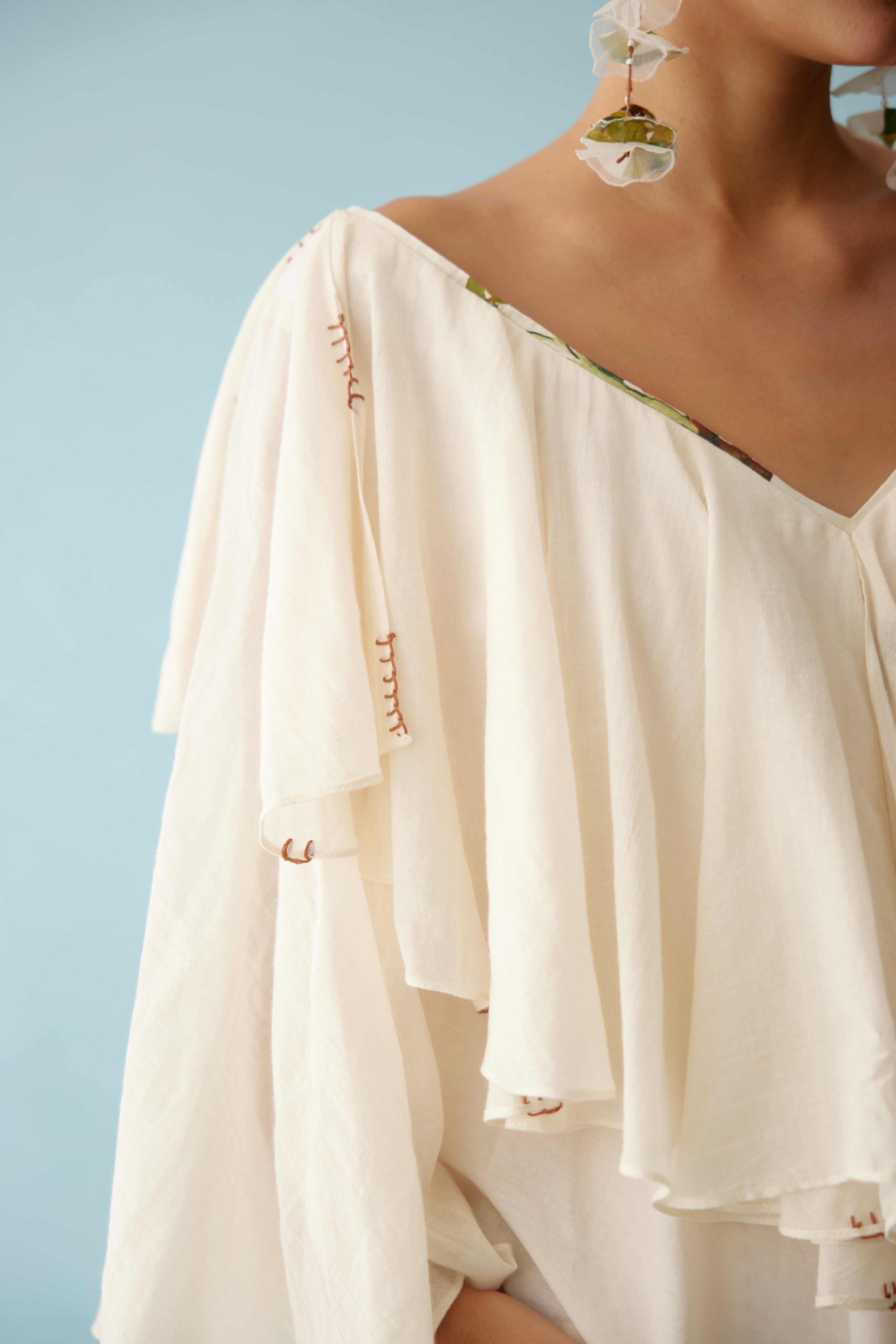 Cream banana tree applique frill top