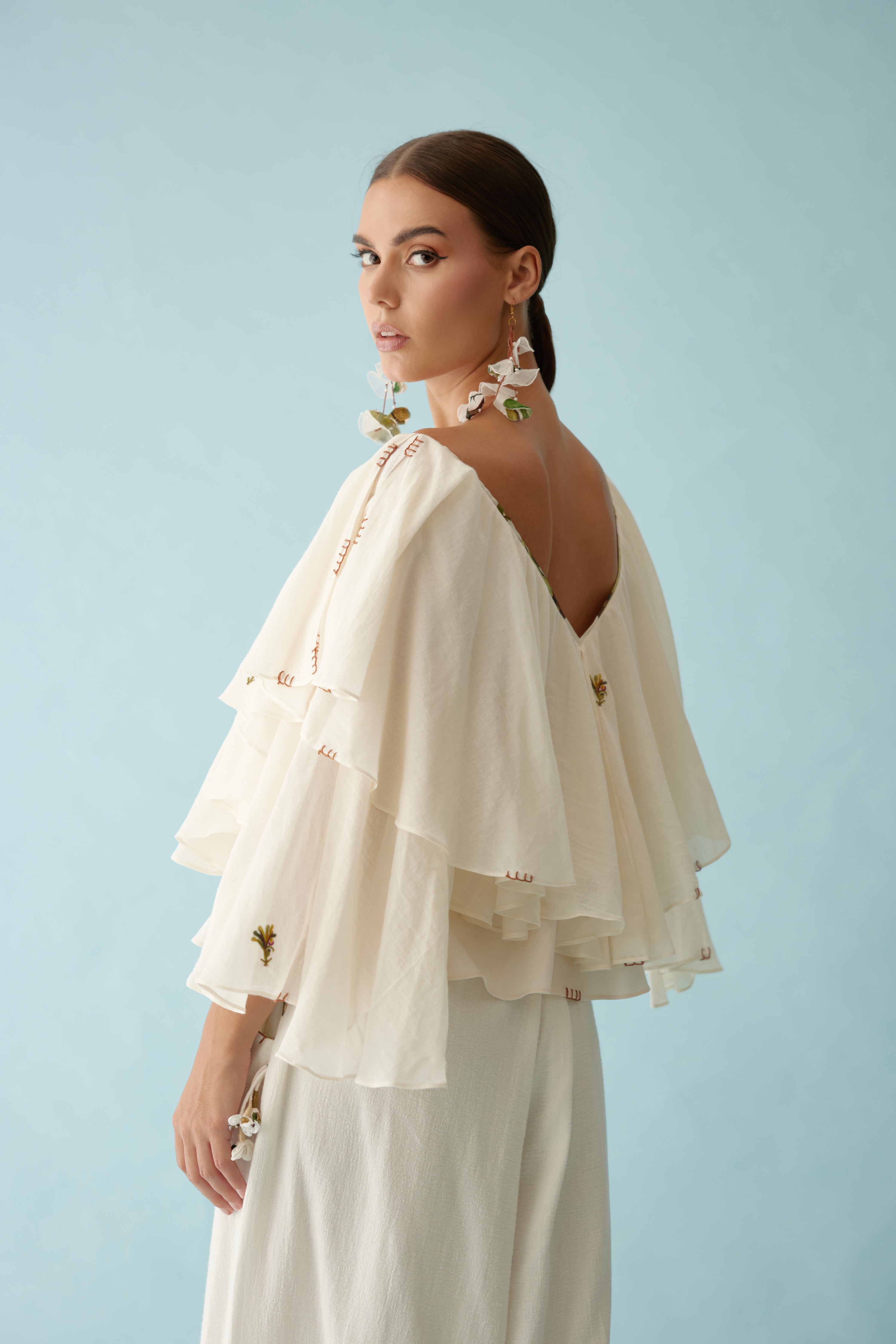 Cream banana tree applique frill top
