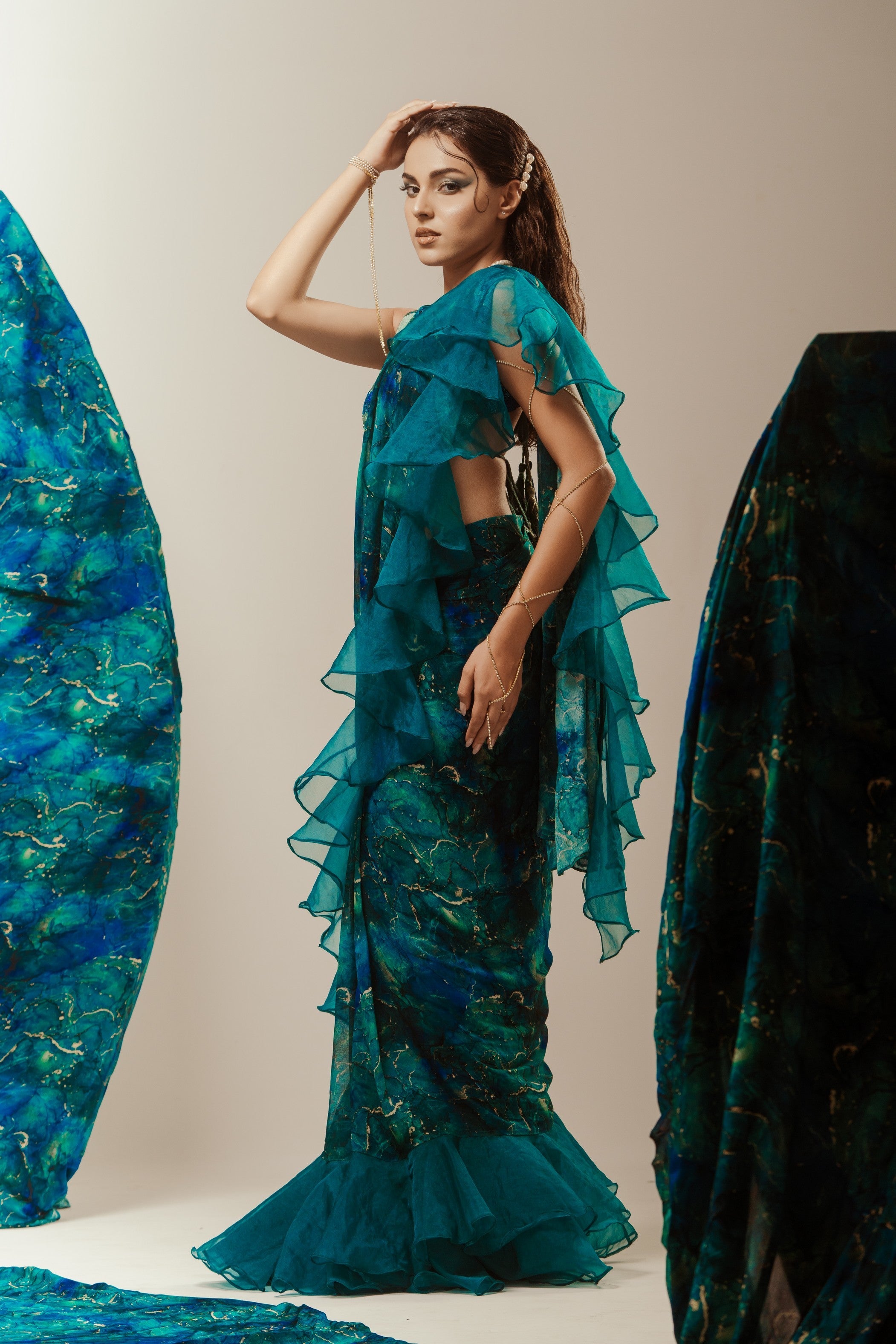 Drape Ruffle Pre Stitched Saree W/Blouse