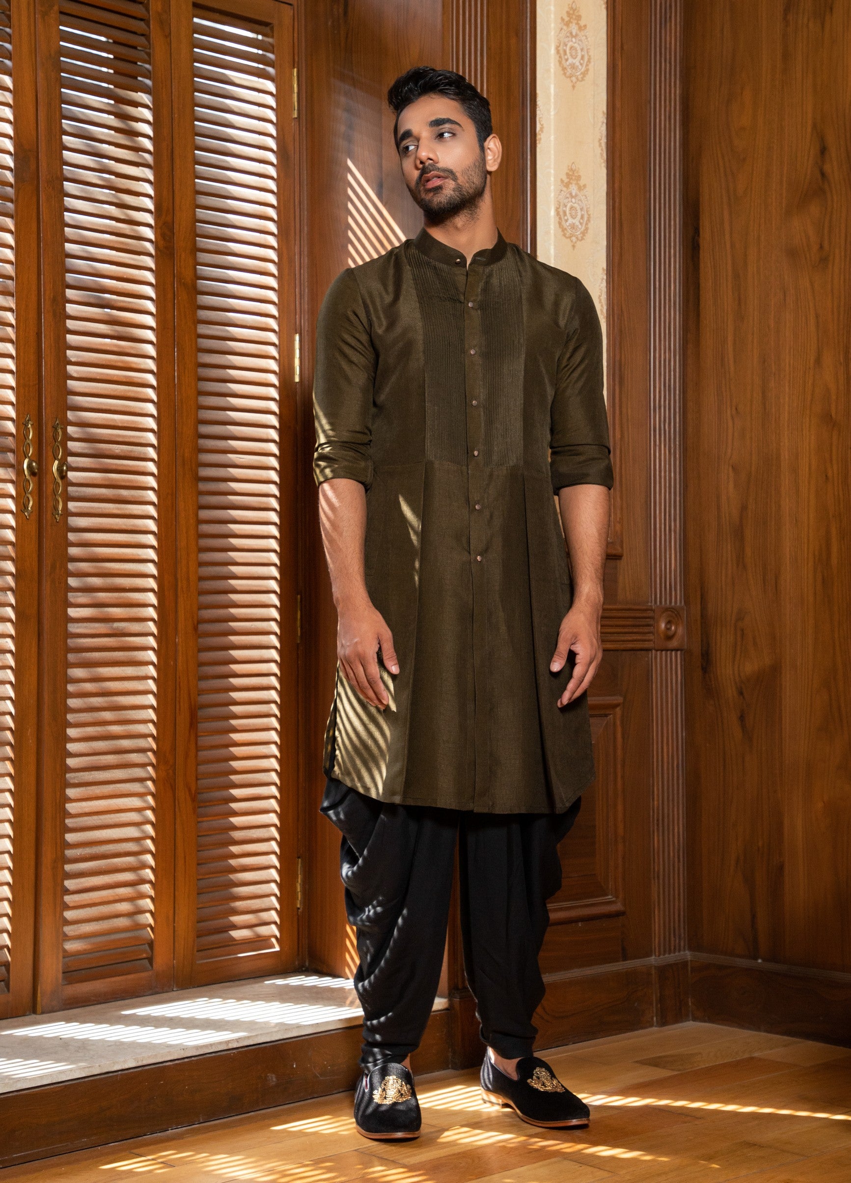 Olive Hand Embroidered Jacket with Kurta Set