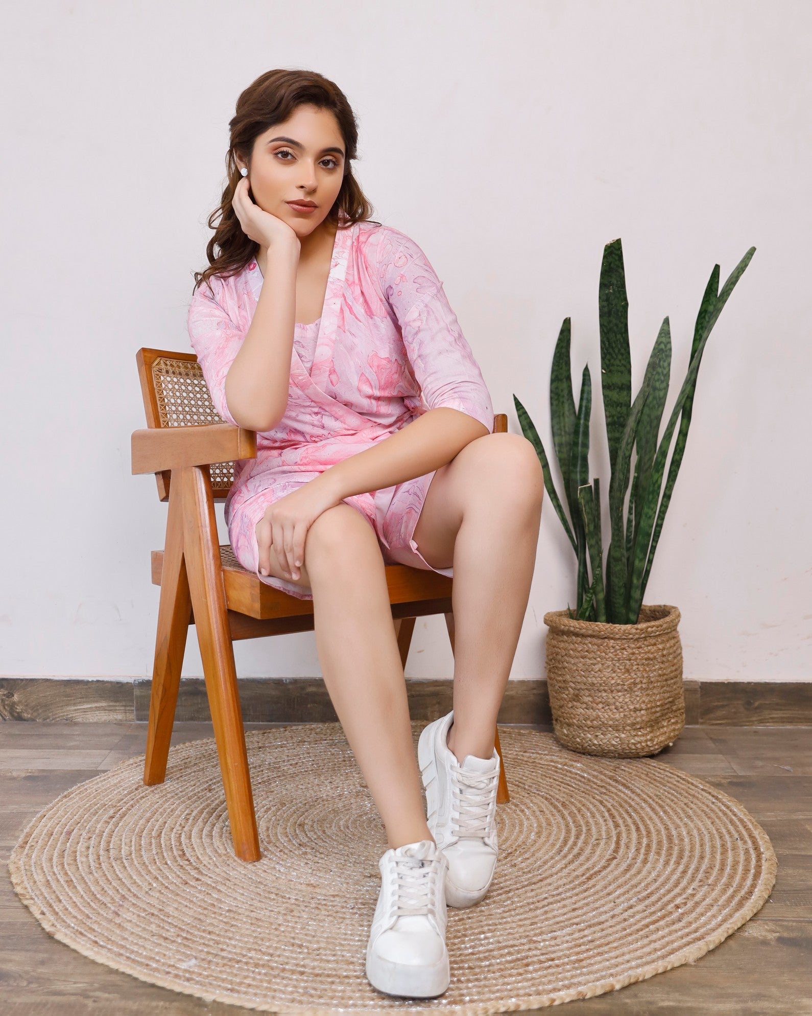 Pink marble printed Tie up top with shorts