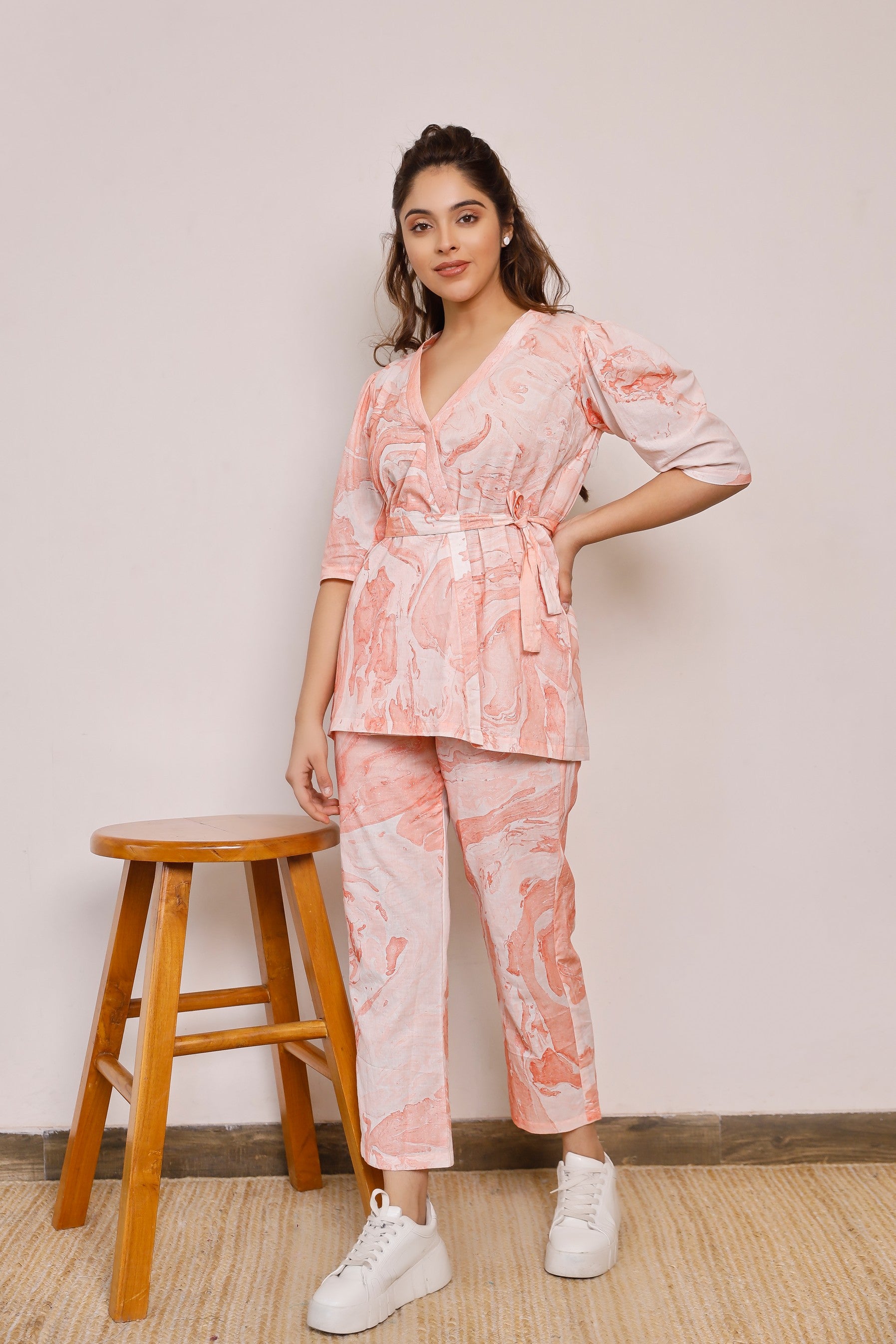 Tie up orange marble printed co-rd set