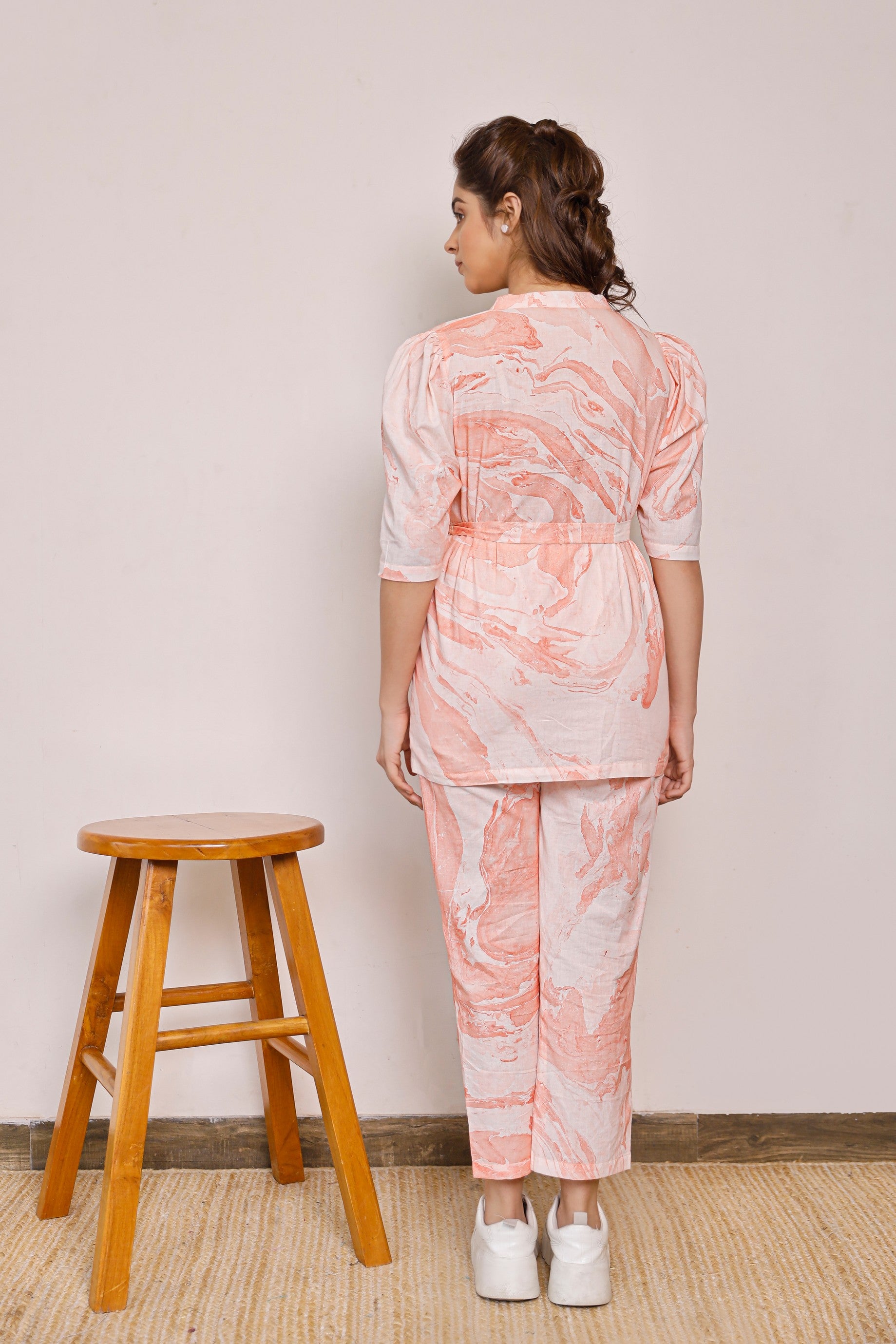 Tie up orange marble printed co-rd set