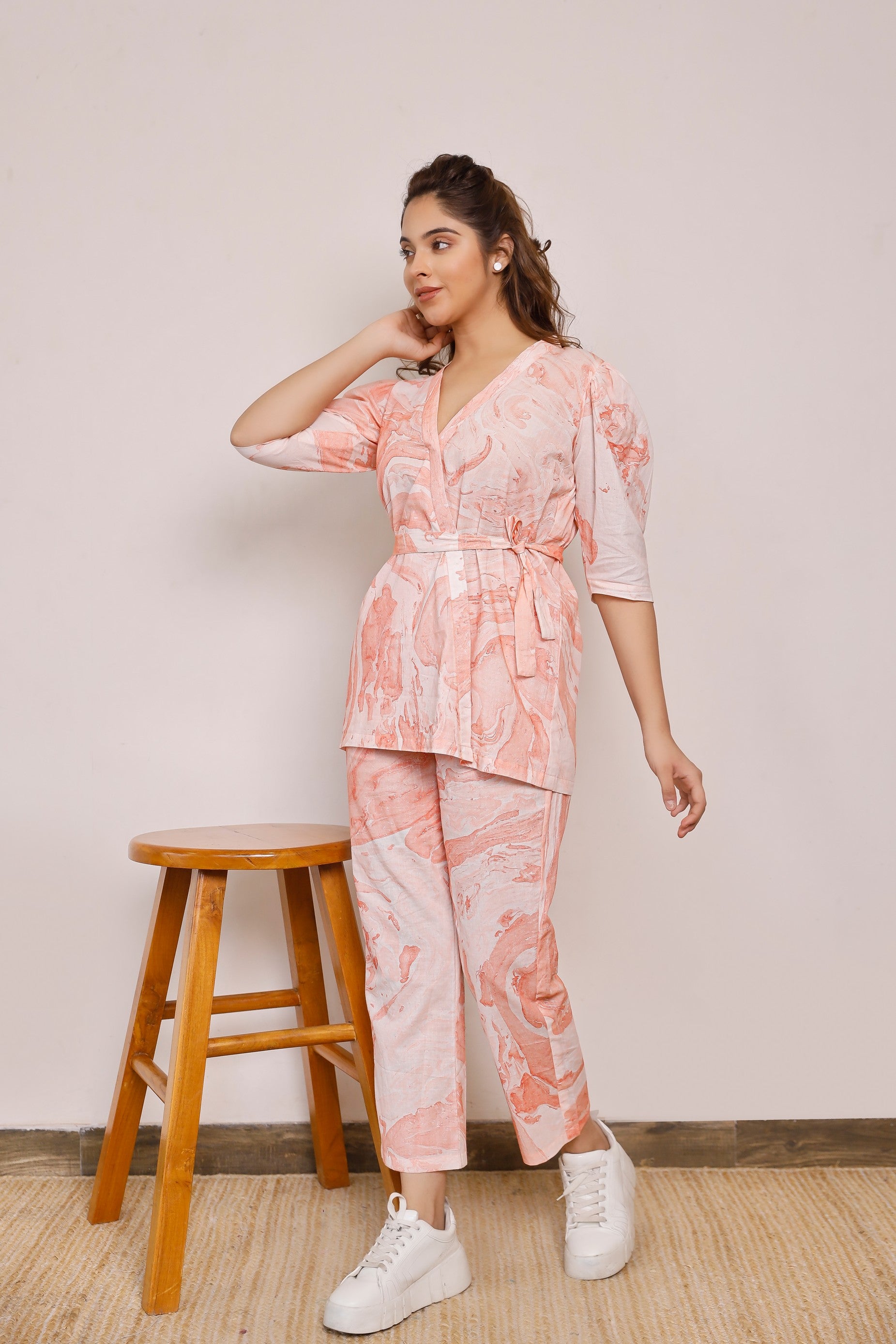 Tie up orange marble printed co-rd set