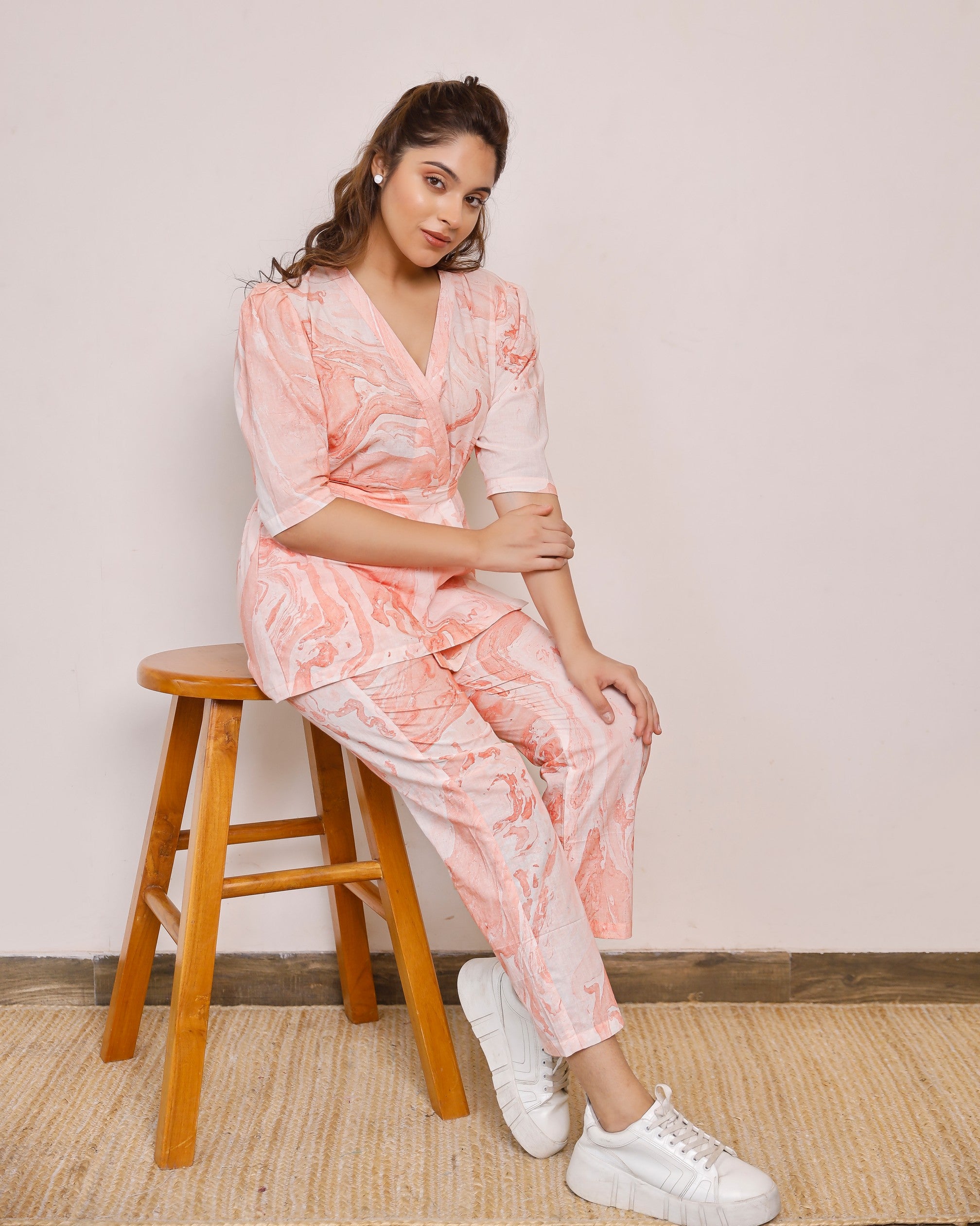 Tie up orange marble printed co-rd set