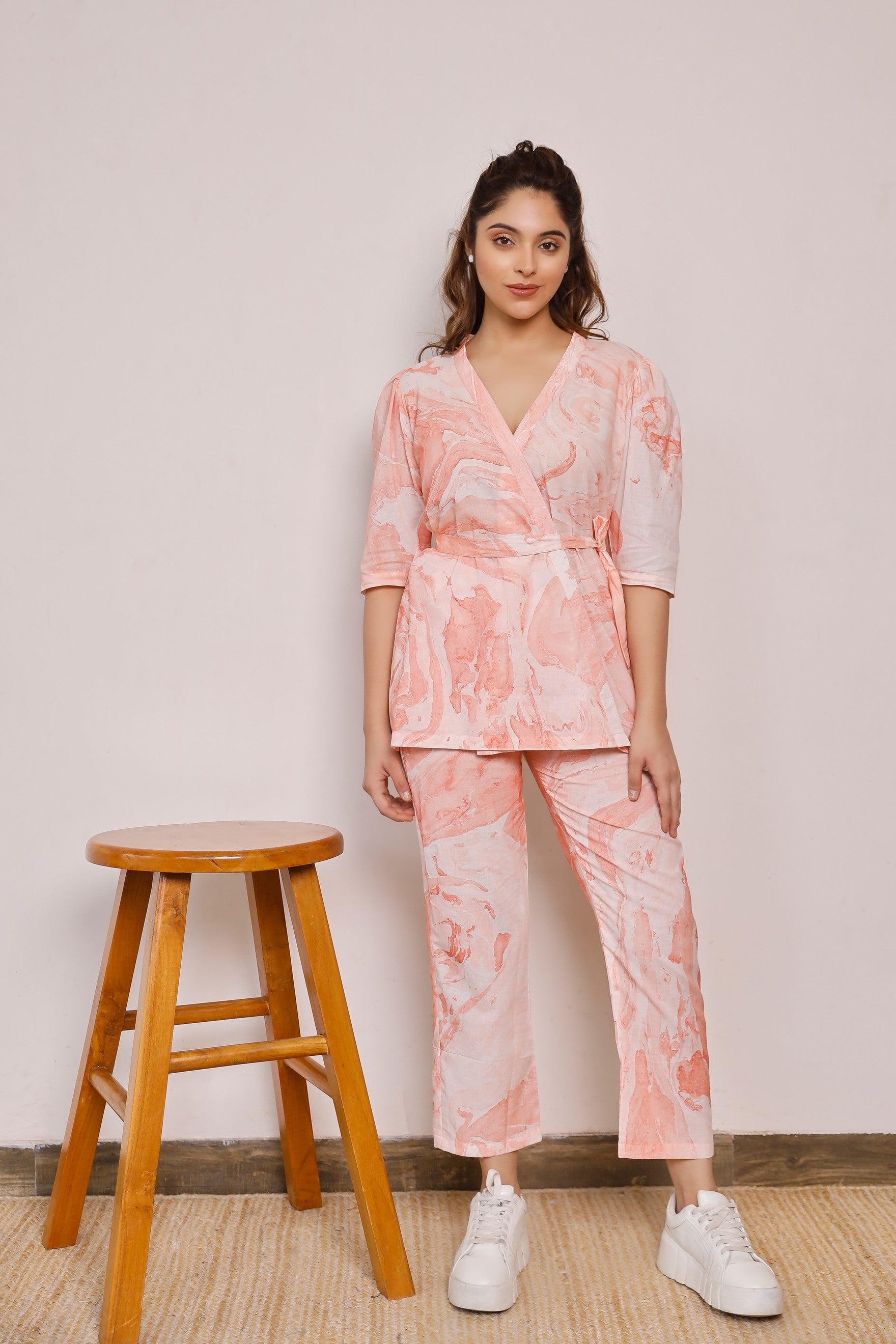 Tie up orange marble printed co-rd set