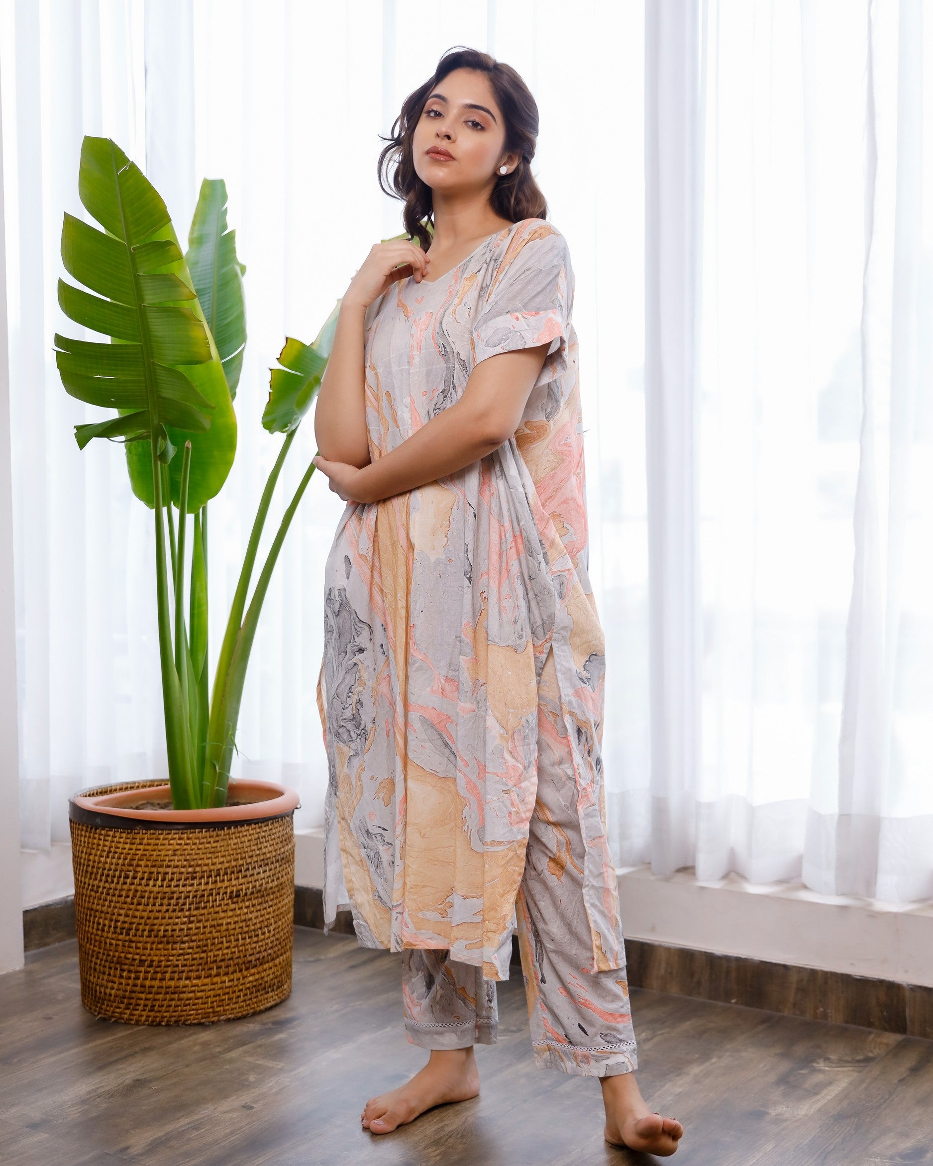 Marble printed brown and black cosy co-ord set