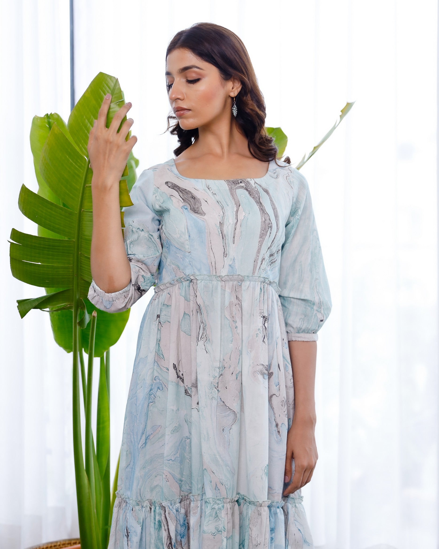 Marble printed sky blue and grey dress