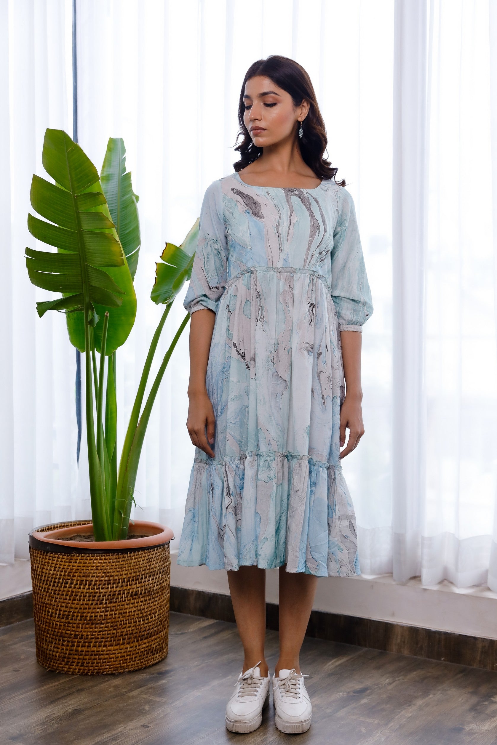 Marble printed sky blue and grey dress