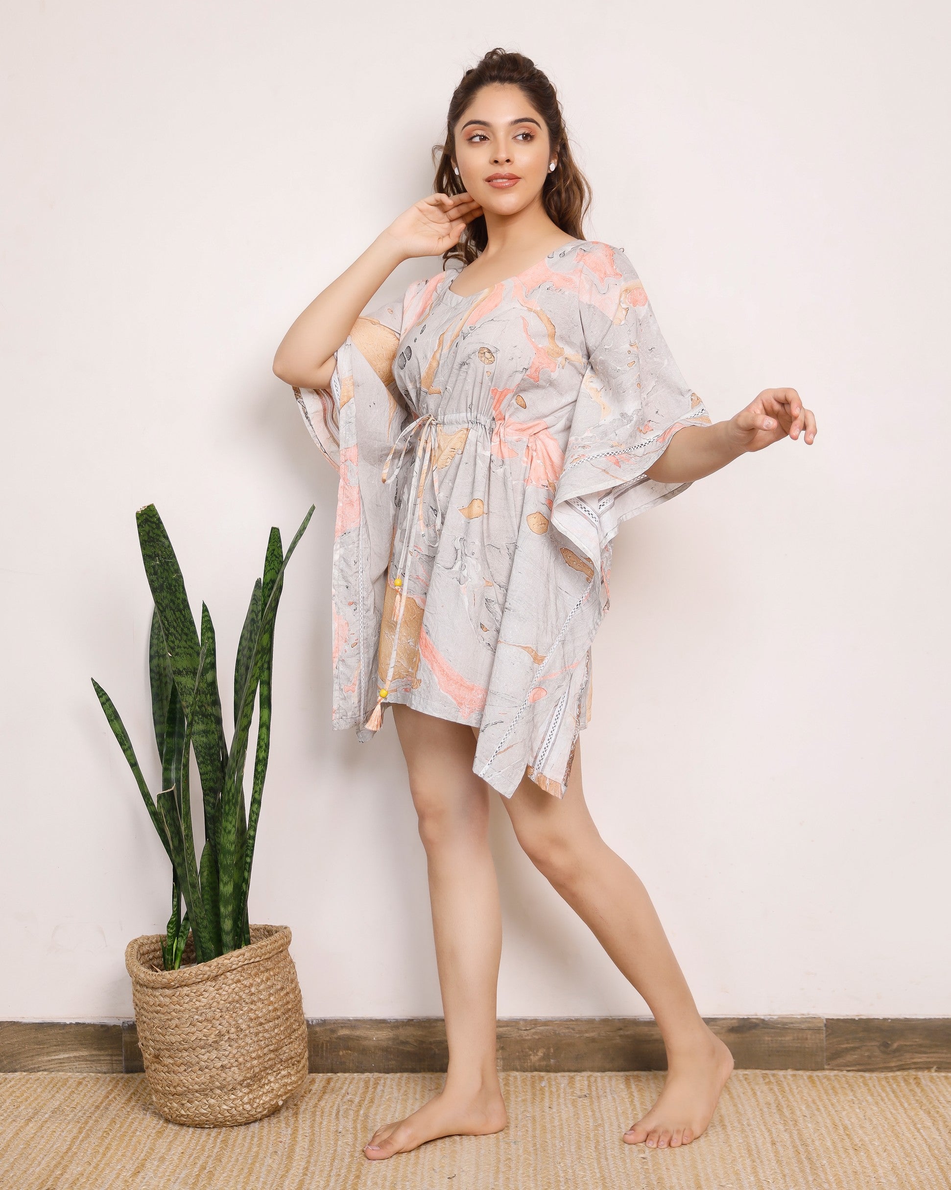 Brown and orange marble printed short kaftan