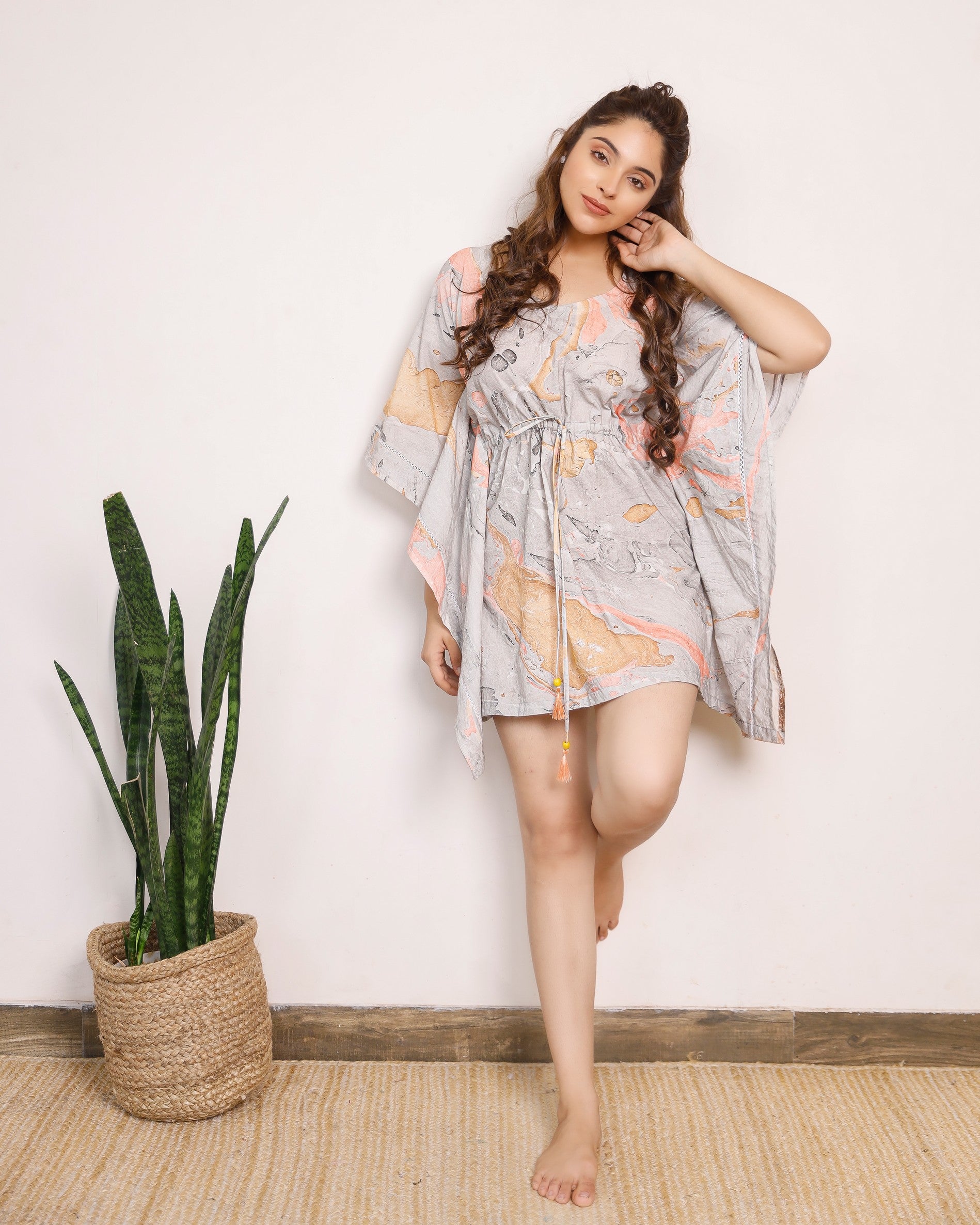 Brown and orange marble printed short kaftan