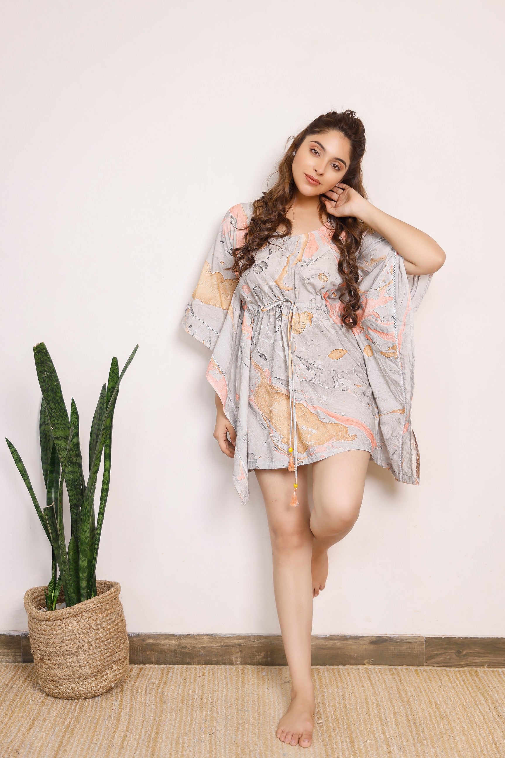 Brown and orange marble printed short kaftan