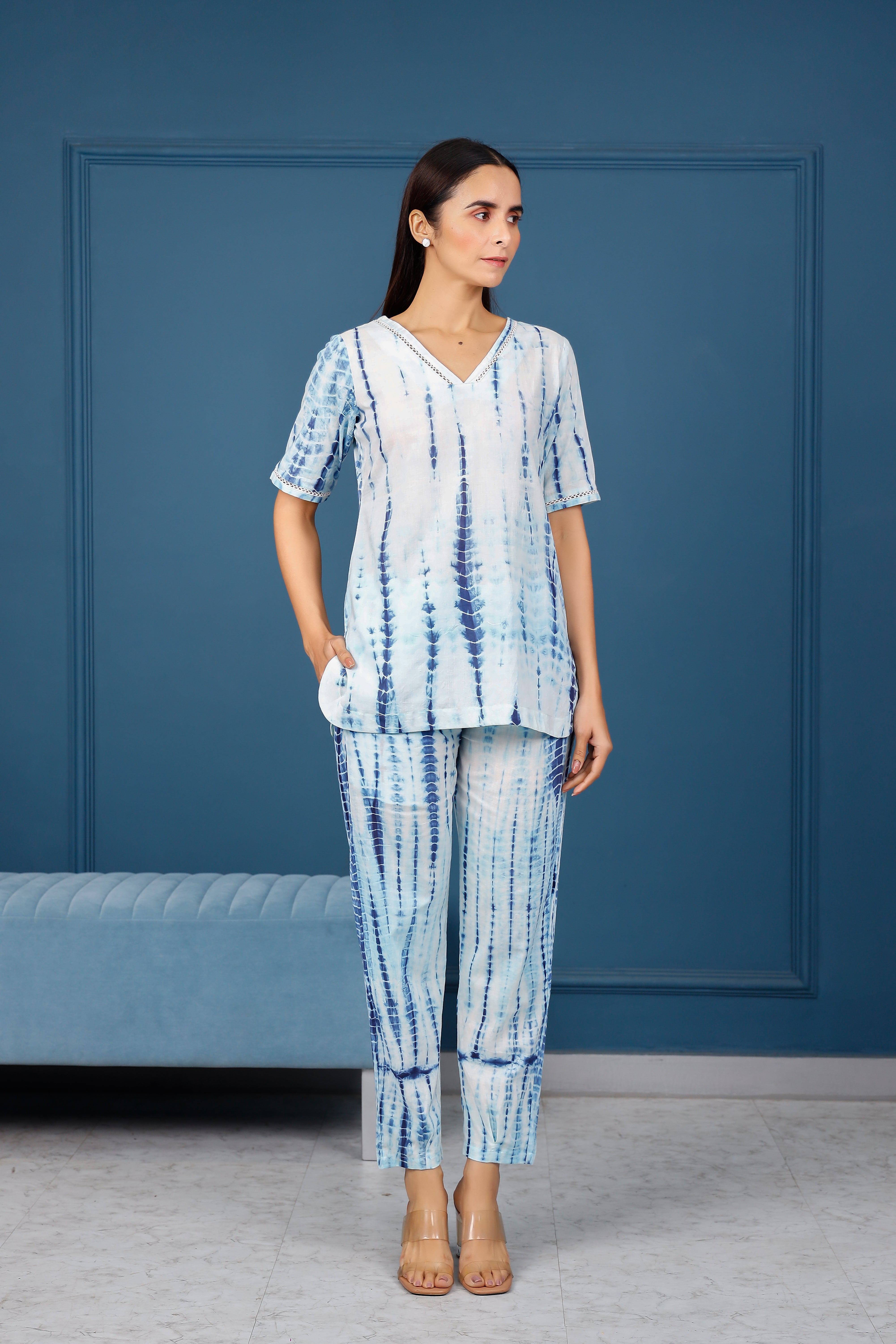 White with blue shibhori hand printed top with pants