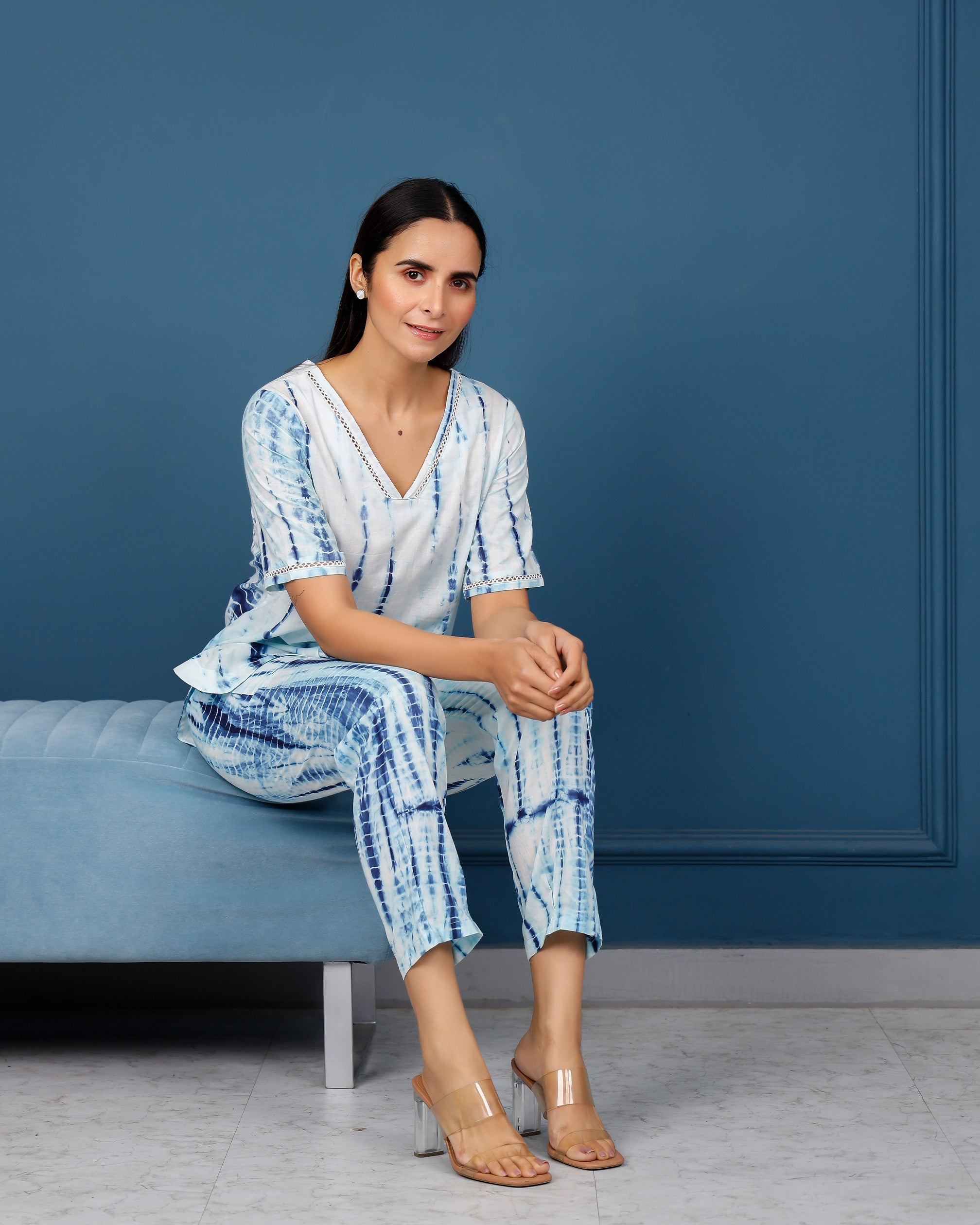 White with blue shibhori hand printed top with pants