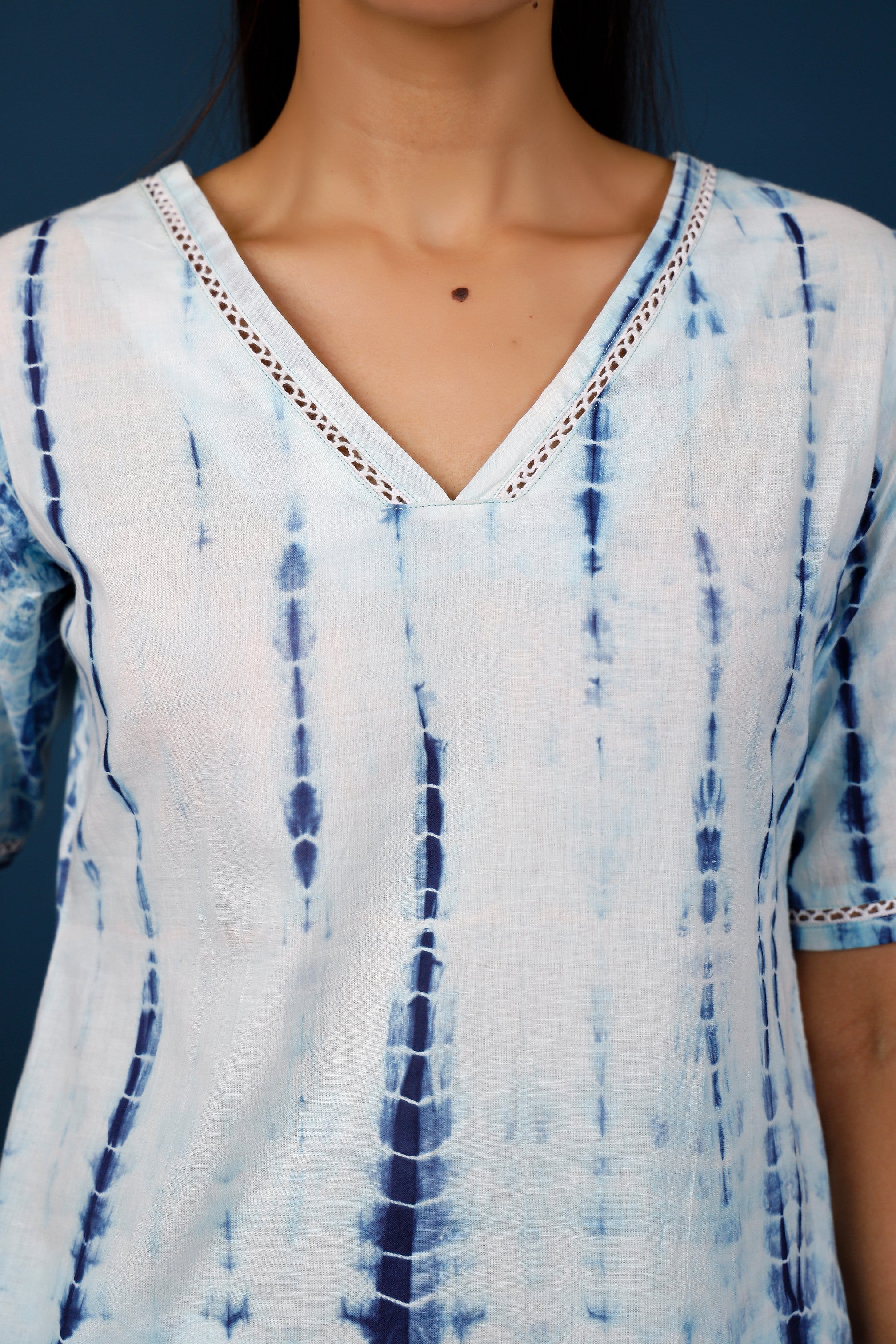 White with blue shibhori hand printed top with pants
