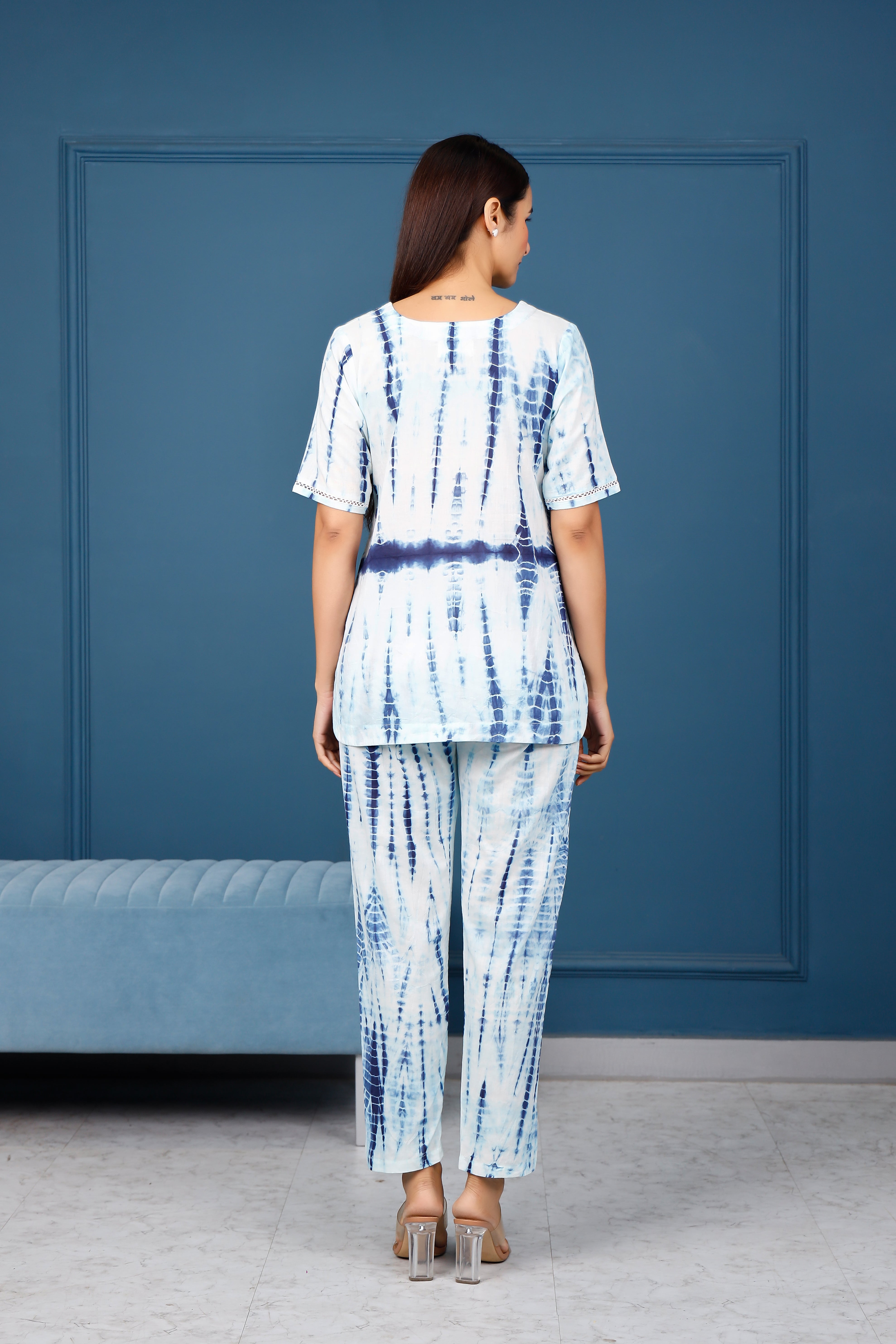 White with blue shibhori hand printed top with pants
