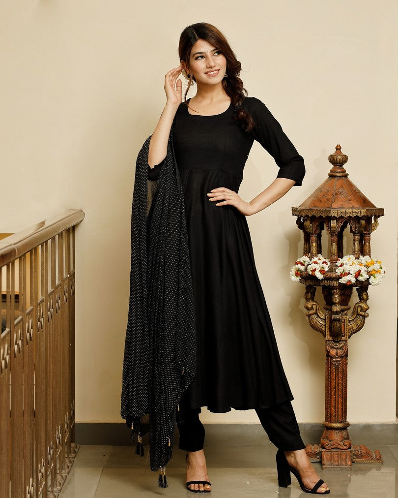 Jet black solid flared kurta with gold dot dupatta