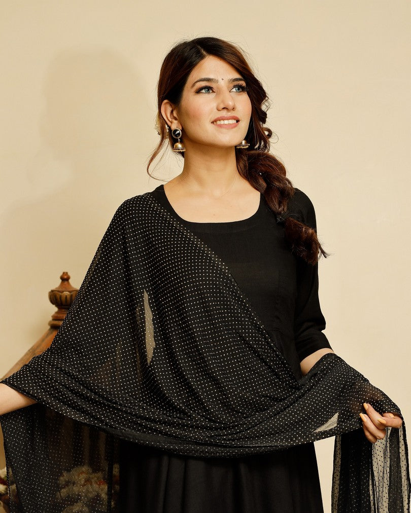 Jet black solid flared kurta with gold dot dupatta