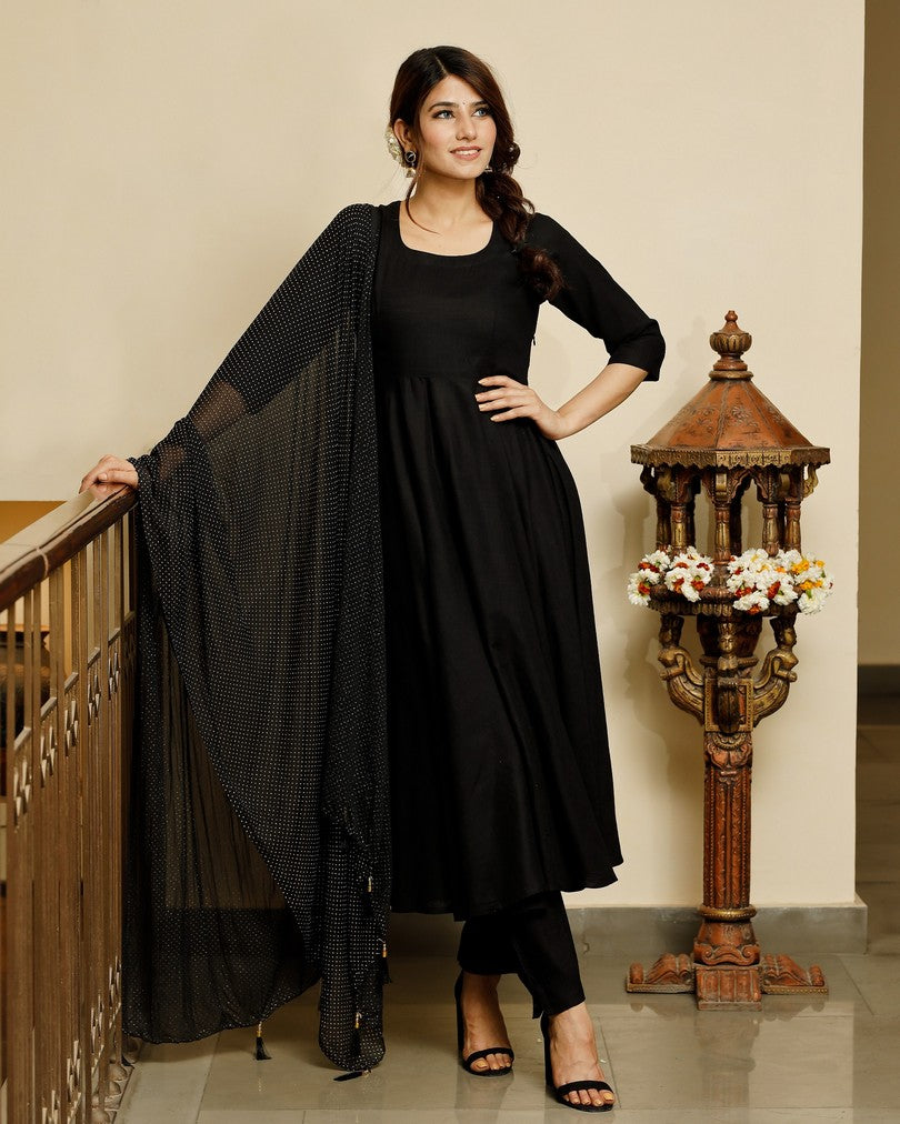 Jet black solid flared kurta with gold dot dupatta