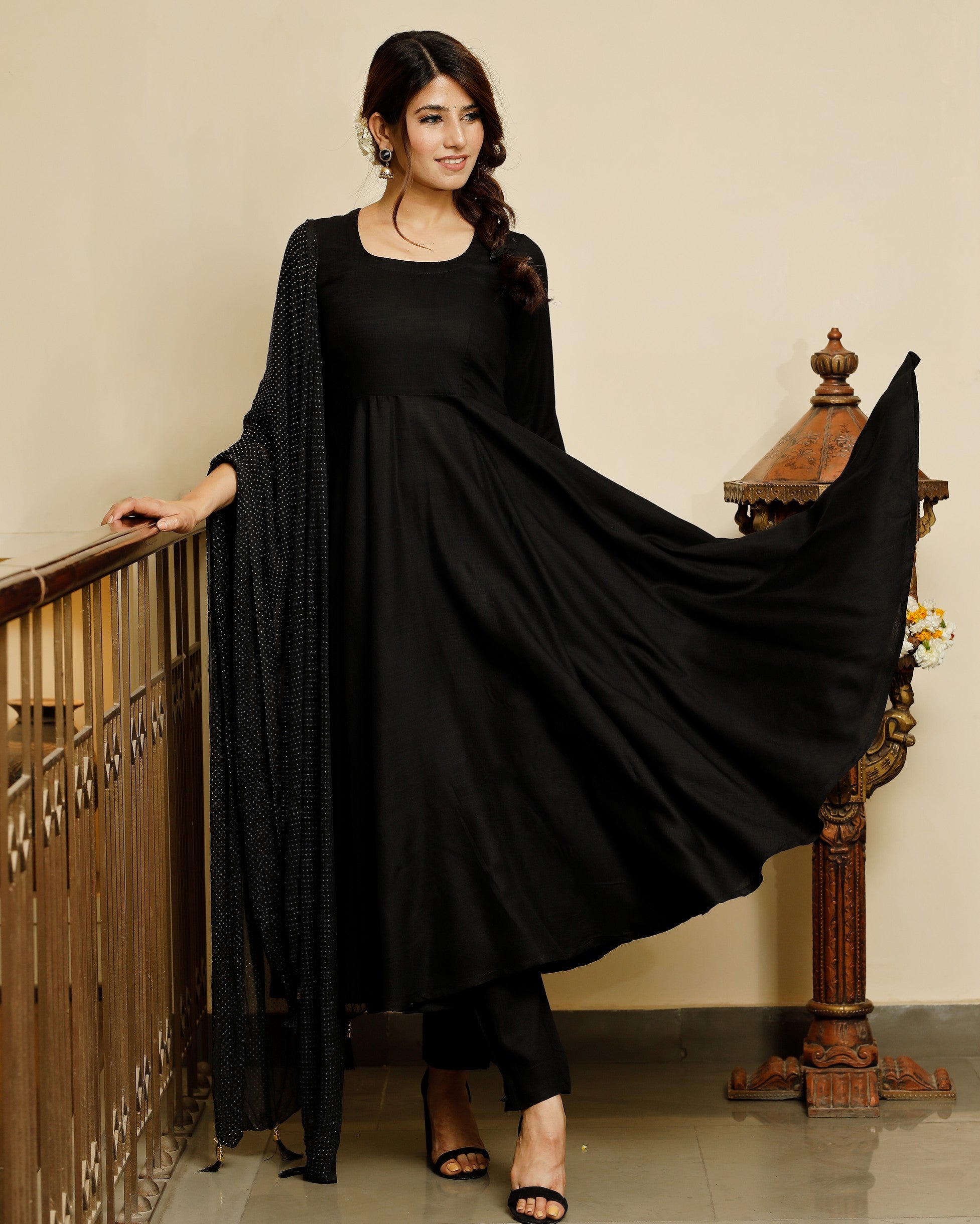 Jet black solid flared kurta with gold dot dupatta