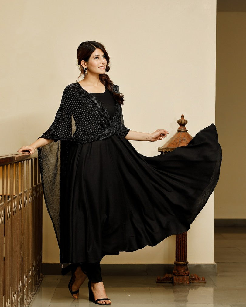 Jet black solid flared kurta with gold dot dupatta