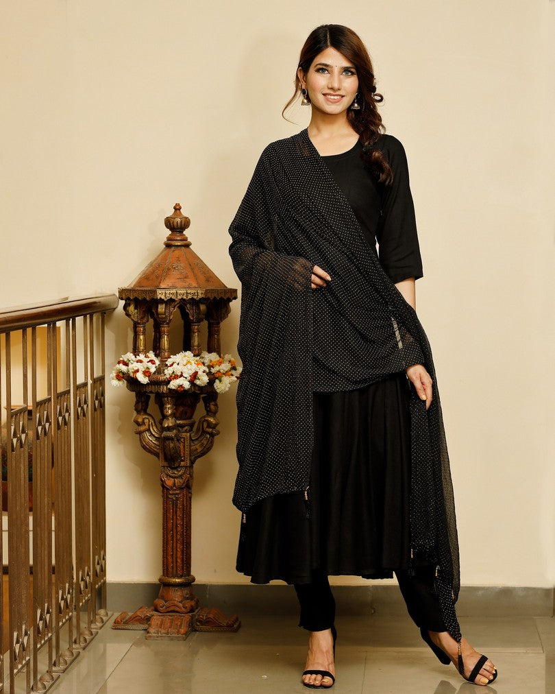 Jet black solid flared kurta with gold dot dupatta