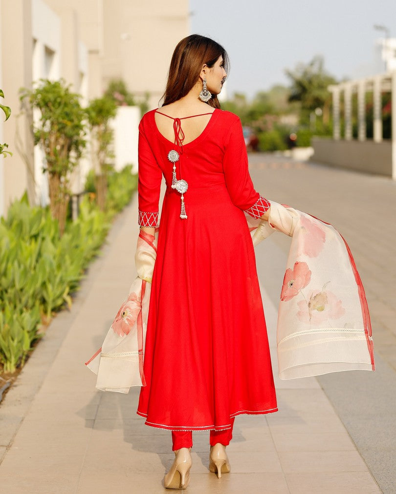 Scarlett Red Flared Kurta set with hand pant floral Organza dupatta
