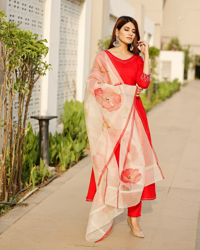 Scarlett Red Flared Kurta set with hand pant floral Organza dupatta