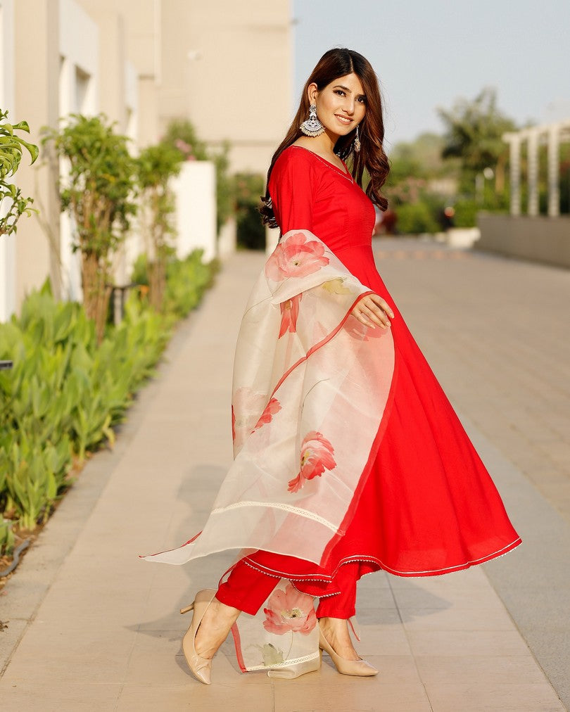 Scarlett Red Flared Kurta set with hand pant floral Organza dupatta