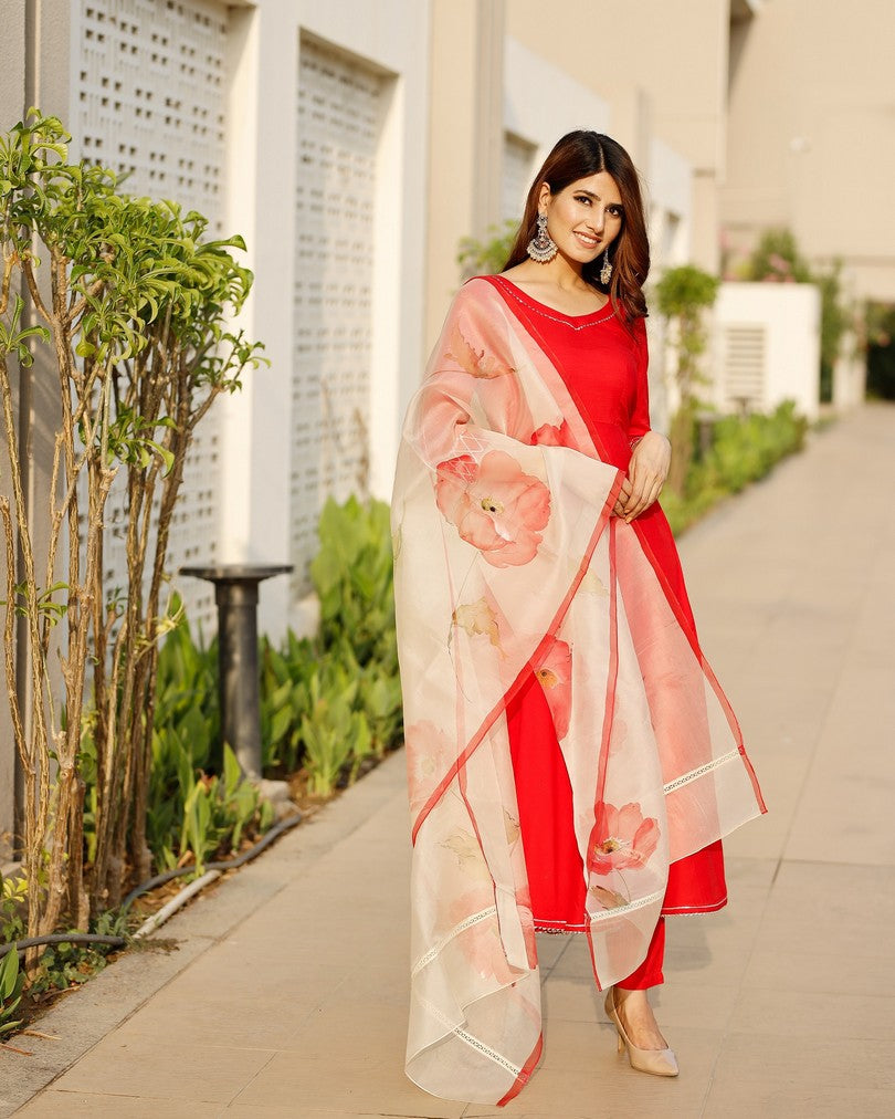Scarlett Red Flared Kurta set with hand pant floral Organza dupatta