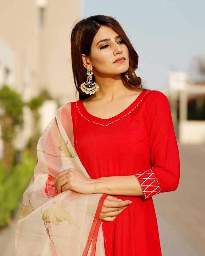 Scarlett Red Flared Kurta set with hand pant floral Organza dupatta