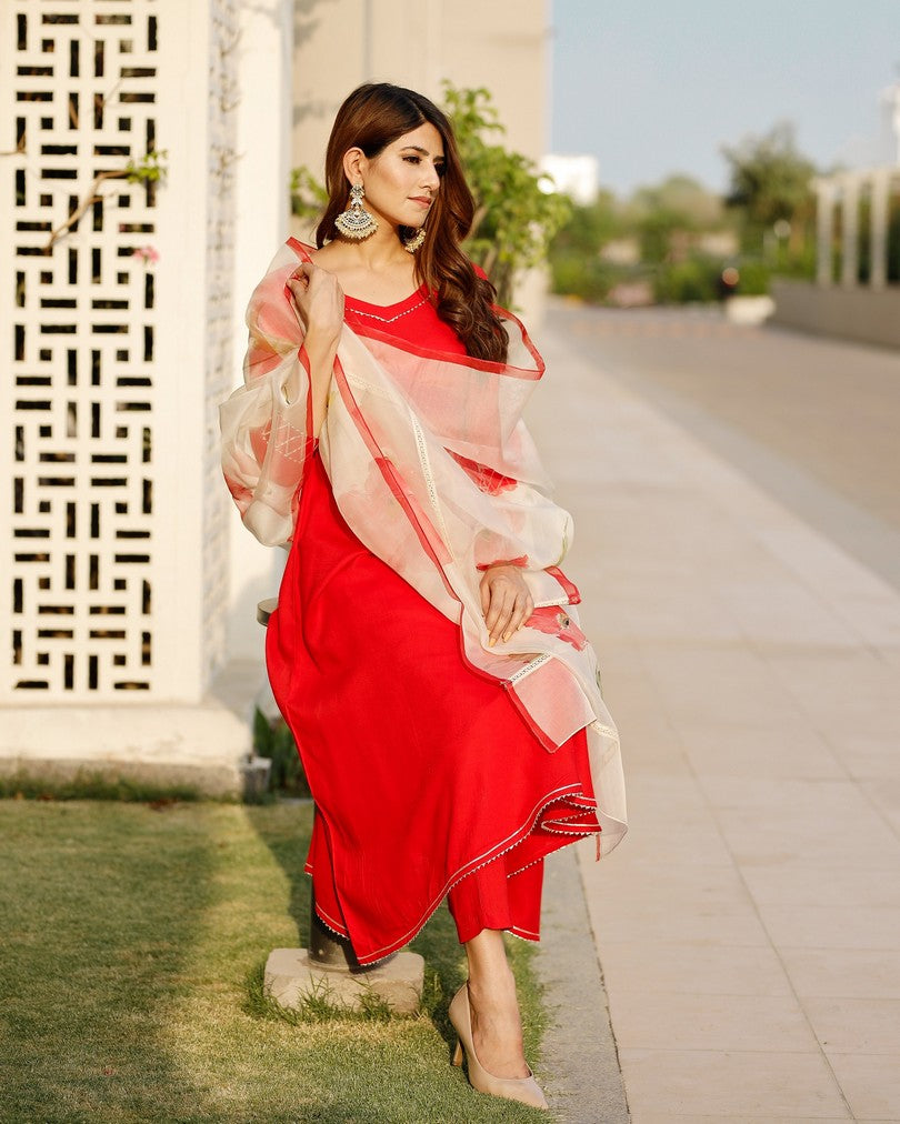 Scarlett Red Flared Kurta set with hand pant floral Organza dupatta