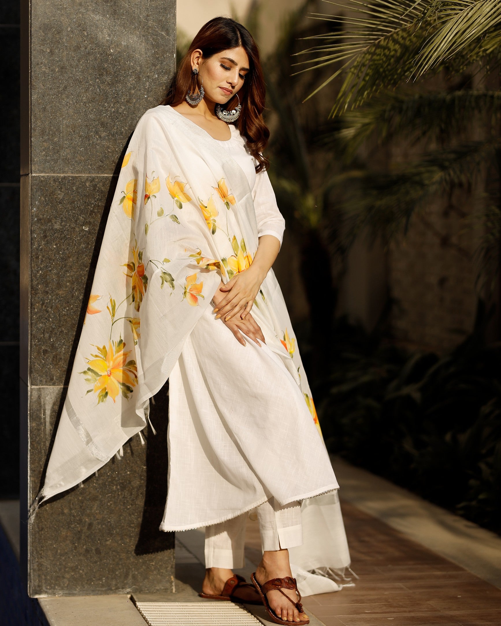 White flared cotton kurta set with hand paint chanderi dupatta