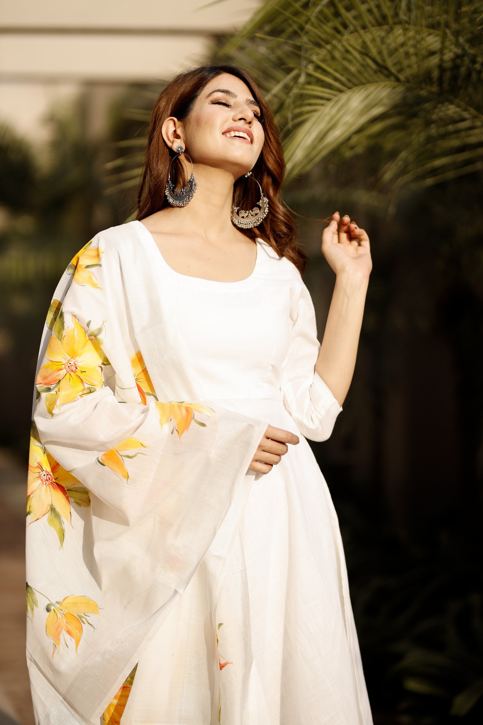 White flared cotton kurta set with hand paint chanderi dupatta
