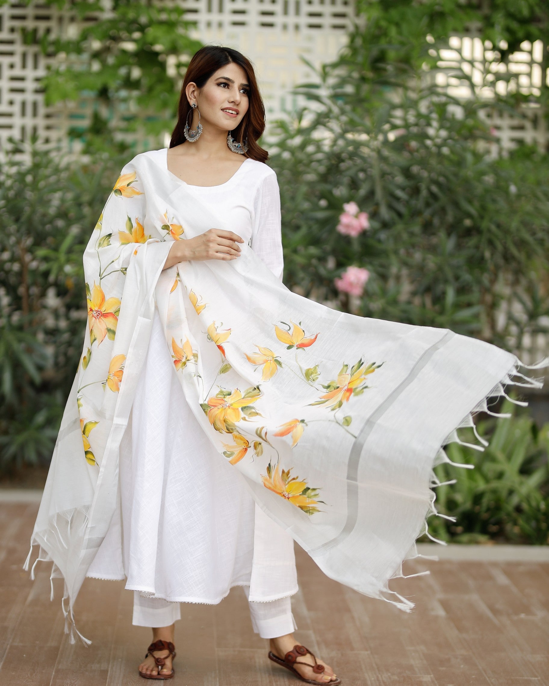 White flared cotton kurta set with hand paint chanderi dupatta