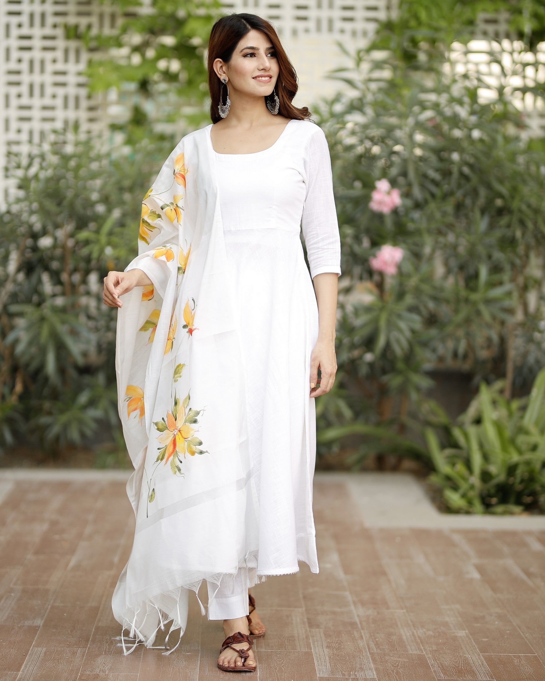 White flared cotton kurta set with hand paint chanderi dupatta