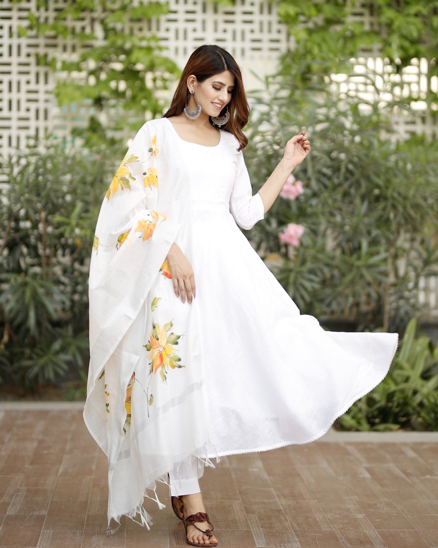 White flared cotton kurta set with hand paint chanderi dupatta