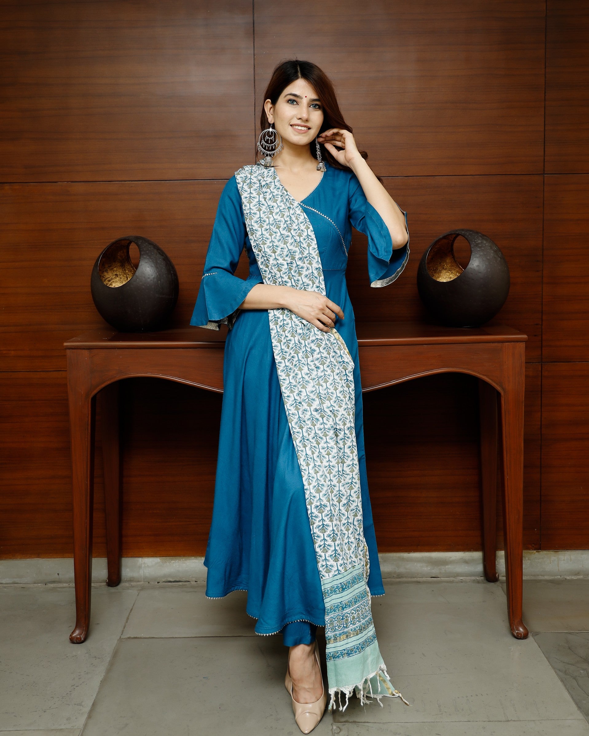 Pheeta Sapphire Blue Solid Suit Set with Block Print Dupatta