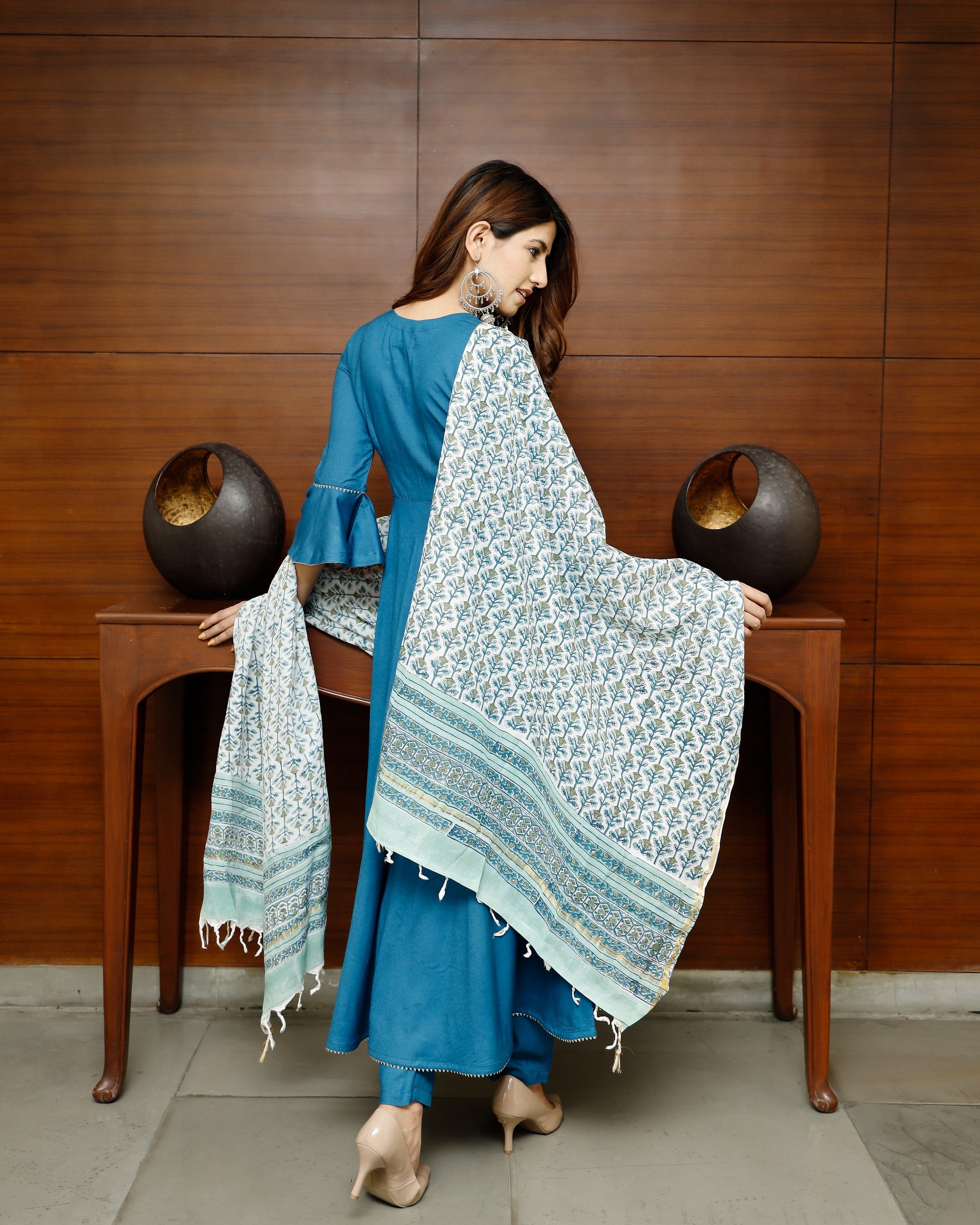 Pheeta Sapphire Blue Solid Suit Set with Block Print Dupatta