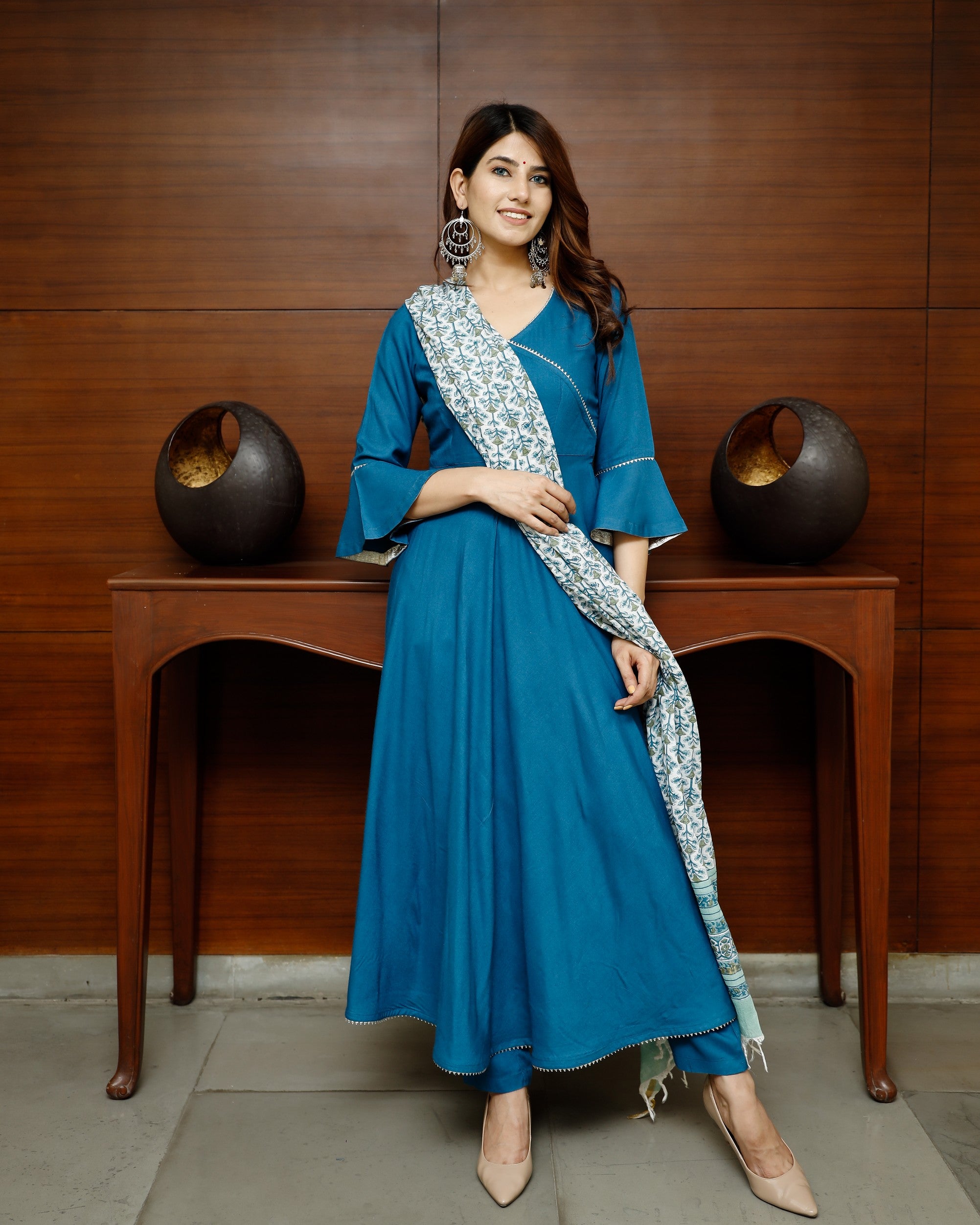 Pheeta Sapphire Blue Solid Suit Set with Block Print Dupatta